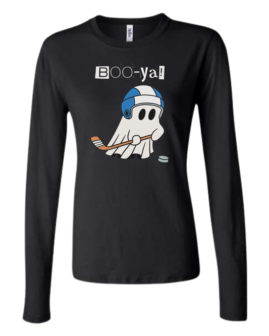 Hockey ghost "Boo-ya" tee Women's fit crewneck long sleeve fit Black
