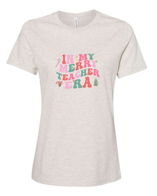 "In my Merry Teacher Era" groovy font design Women's fit premium crewneck tee Natural