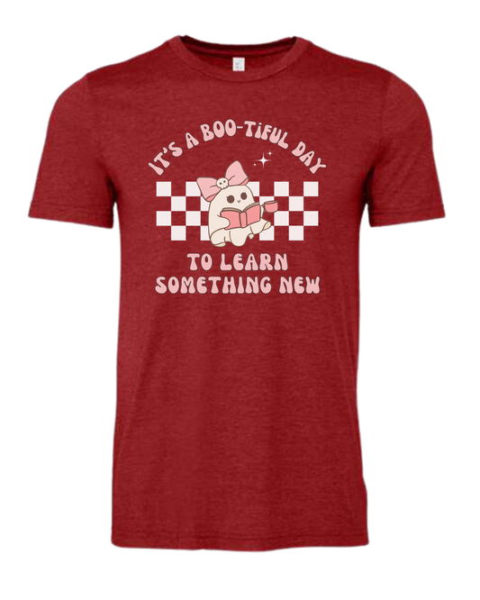 "It's a BOO-tiful Day to Learn Something" cute ghost graphic Premium unisex crewneck tee Canvas Red