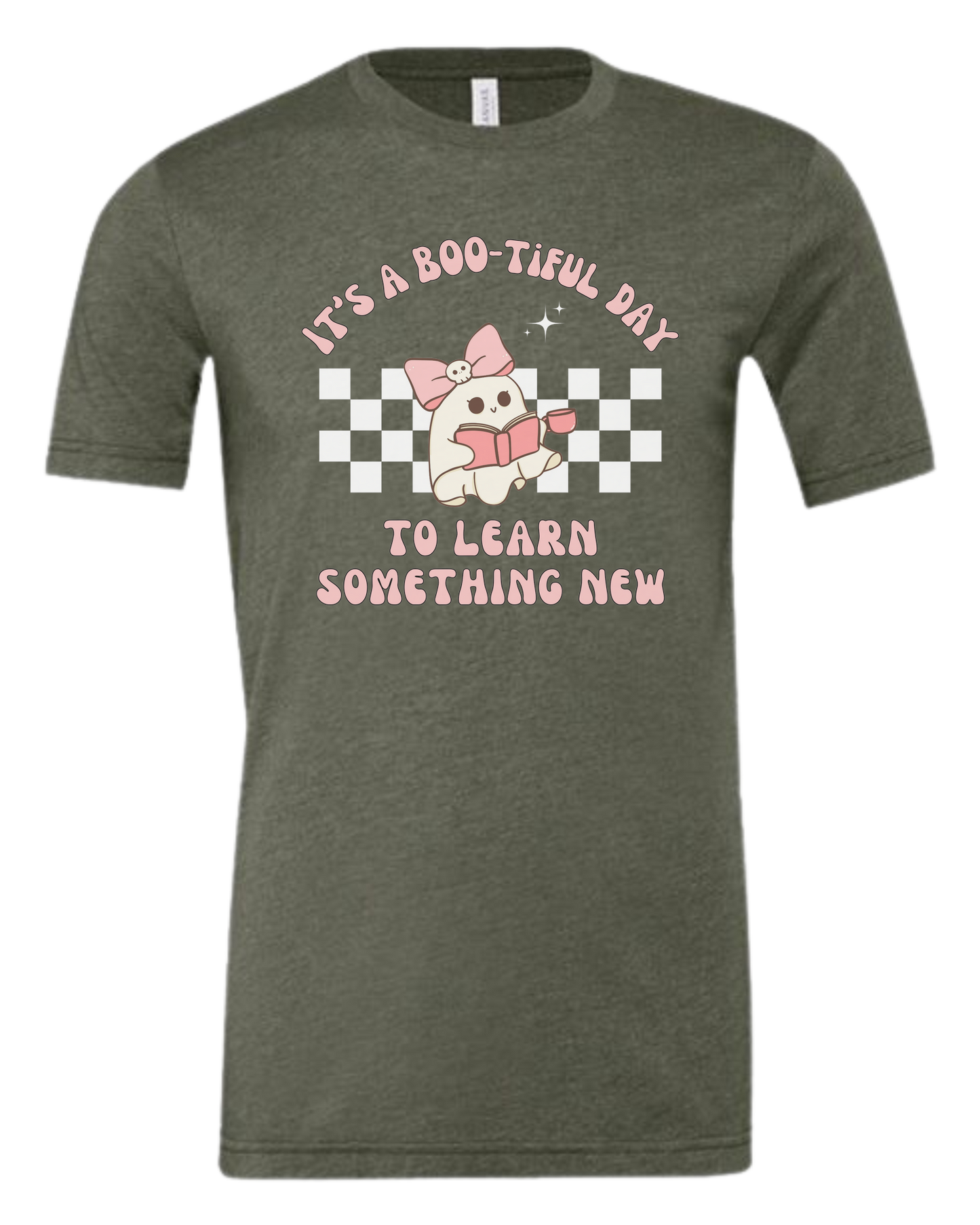 "It's a BOO-tiful Day to Learn Something" cute ghost graphic Premium unisex crewneck tee Military Green