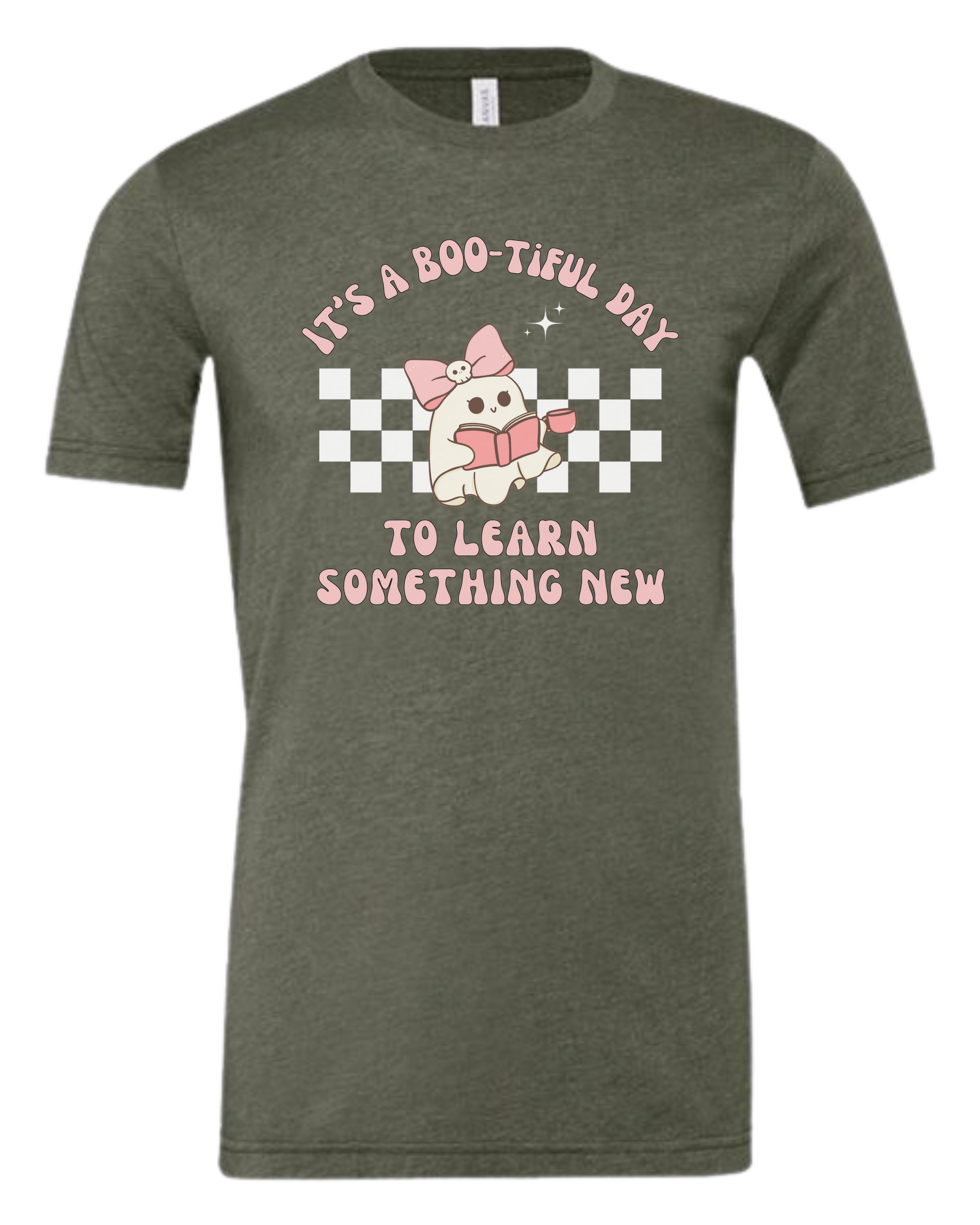 "It's a BOO-tiful Day to Learn Something" cute ghost graphic Premium unisex crewneck tee Military Green