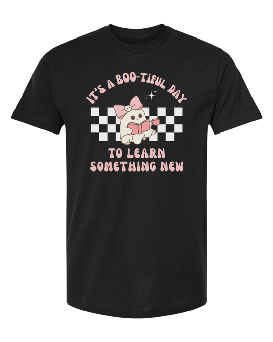 "It's a BOO-tiful Day to Learn Something" cute ghost graphic Unisex crew-neck  graphic tee Black