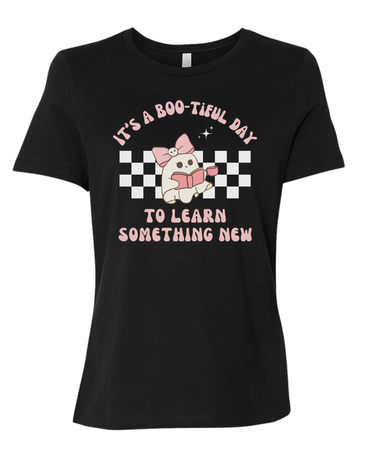 "It's a BOO-tiful Day to Learn Something" cute ghost graphic Women's fit premium crewneck tee Black