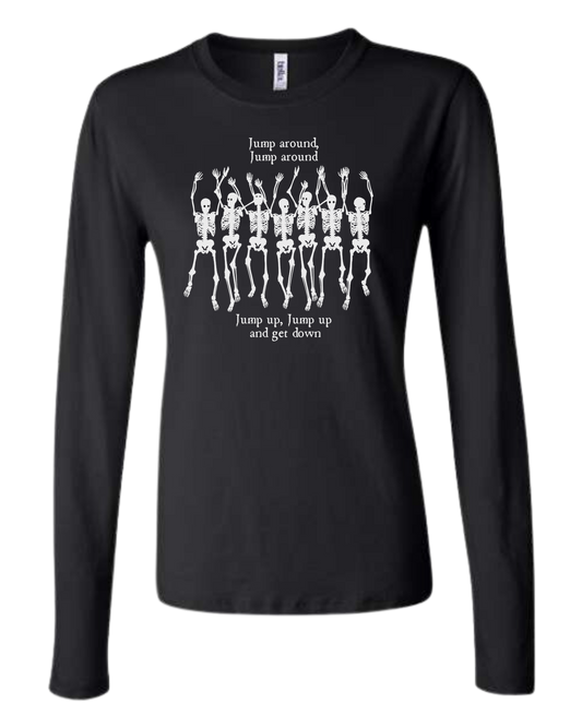 "Jump Around" Skeleton tee Women's fit crewneck long sleeve fit Black
