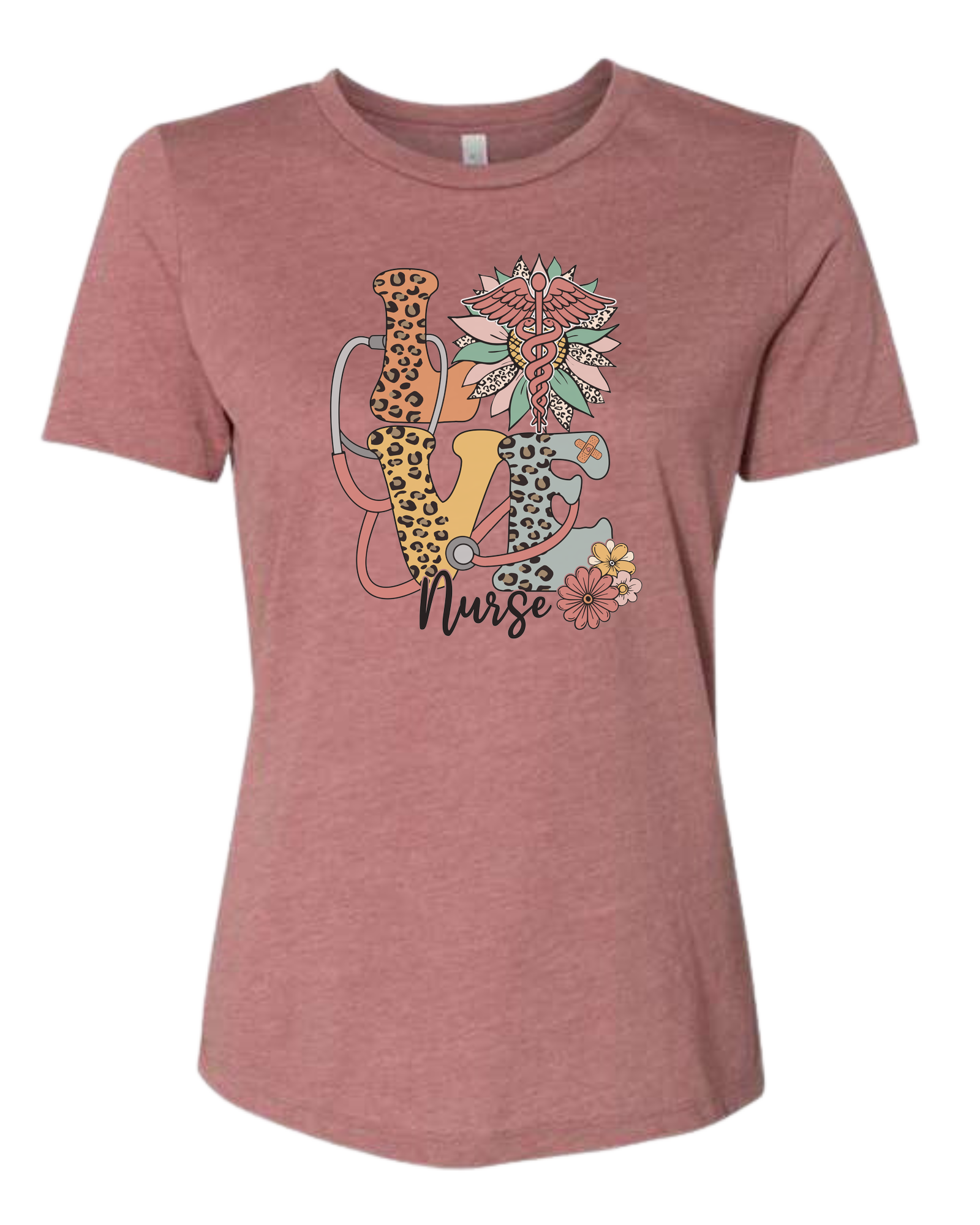"LOVE" with stethoscope and medical symbol graphic Women's fit premium crewneck tee Mauve Pink
