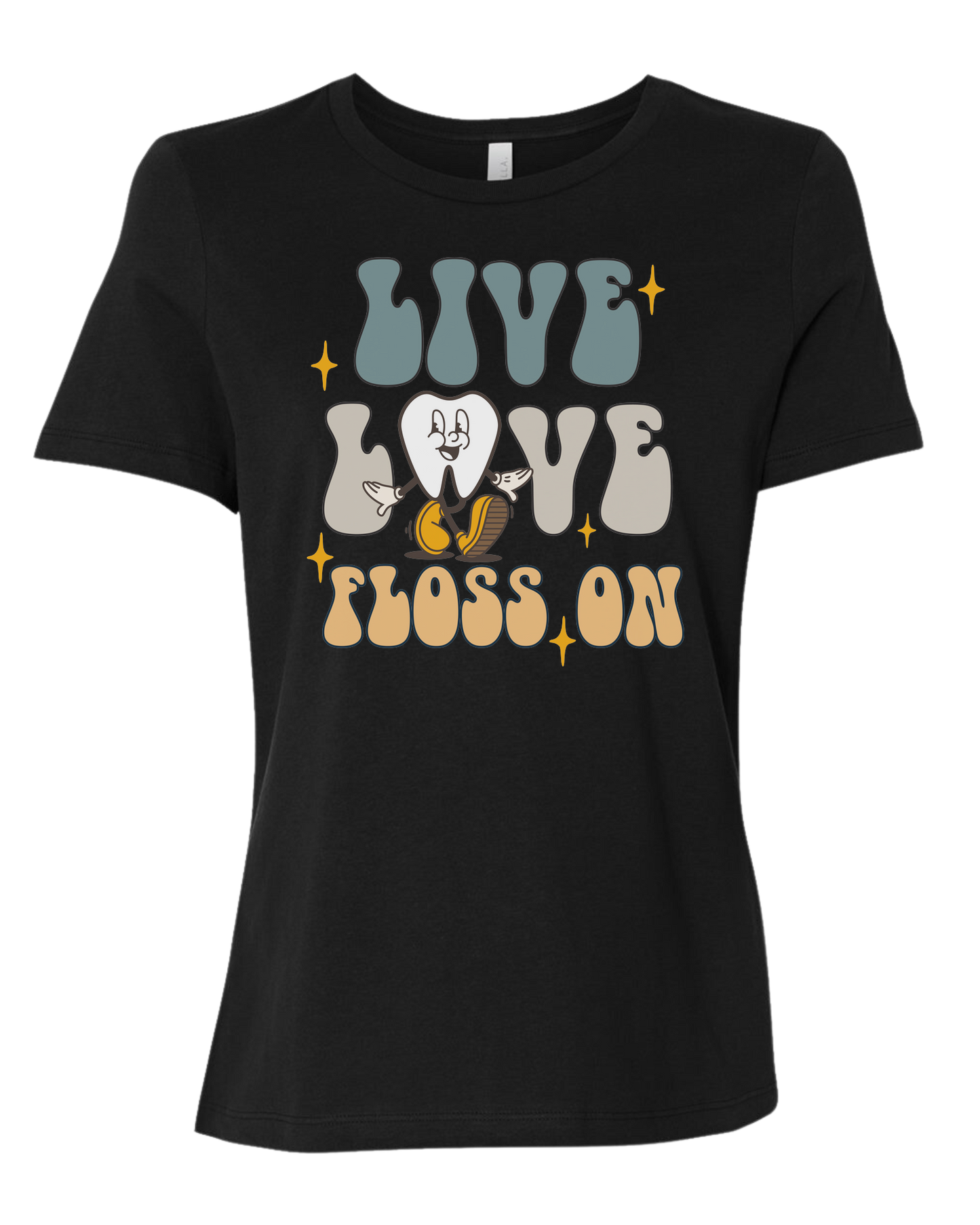 "Live, Love, Floss On" groovy text with cute tooth character Women's fit premium crewneck tee Black