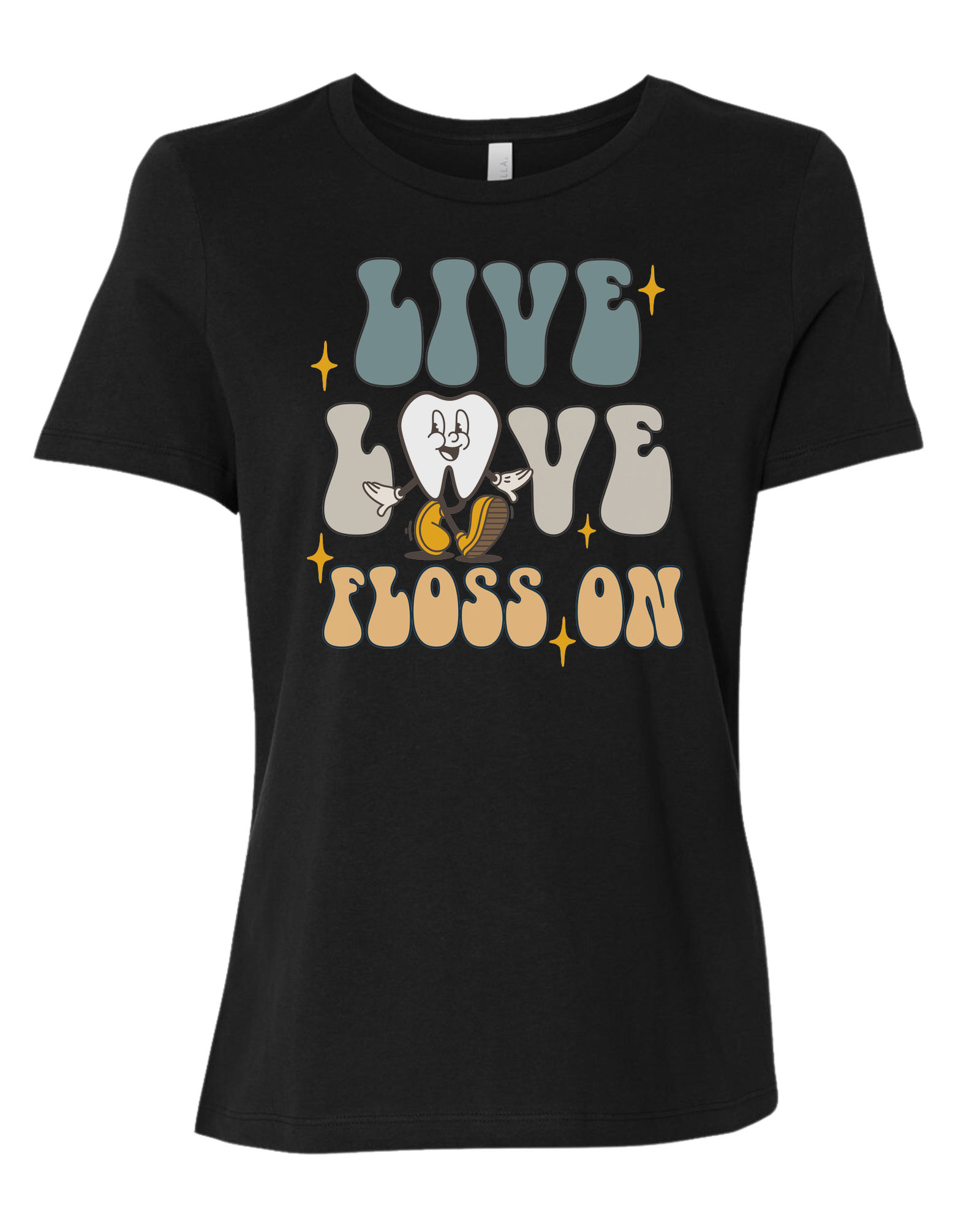 "Live, Love, Floss On" groovy text with cute tooth character Women's fit premium crewneck tee Black