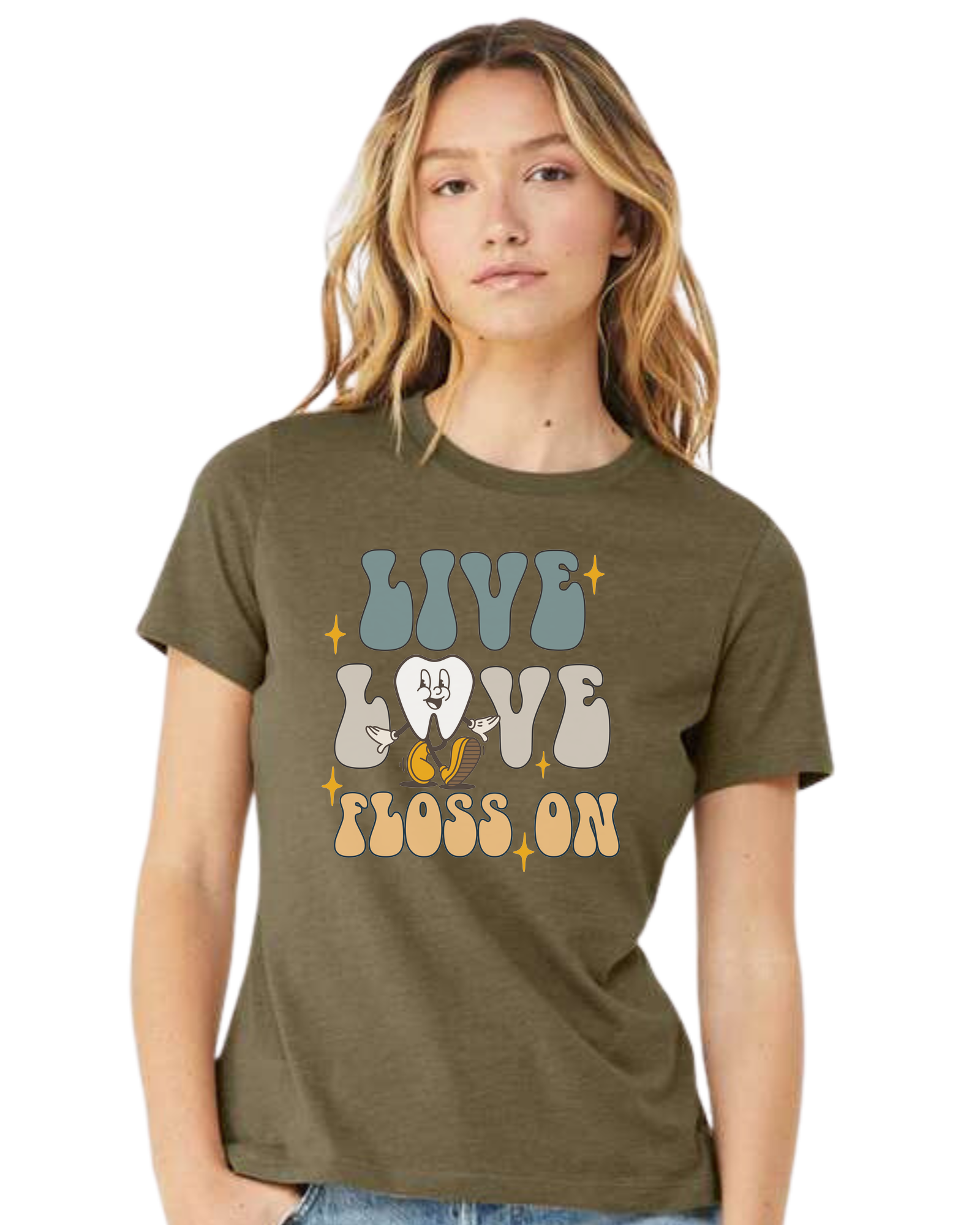 "Live, Love, Floss On" groovy text with cute tooth character Women's fit premium crewneck tee Olive