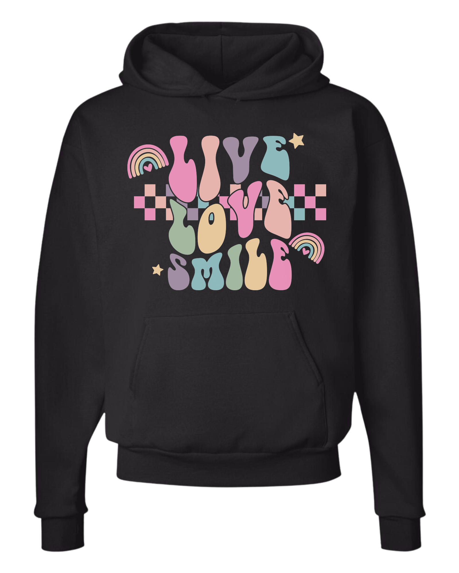 "Live, Love, Smile" multicolored groovy font design Classic unisex crewneck tee Hoodie