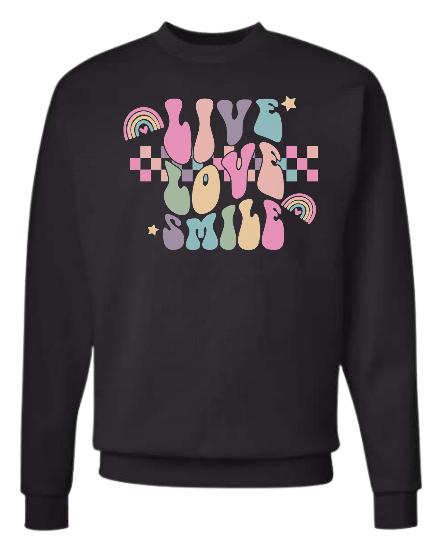 "Live, Love, Smile" multicolored groovy font design Classic unisex crewneck tee Long sleeve crew neck