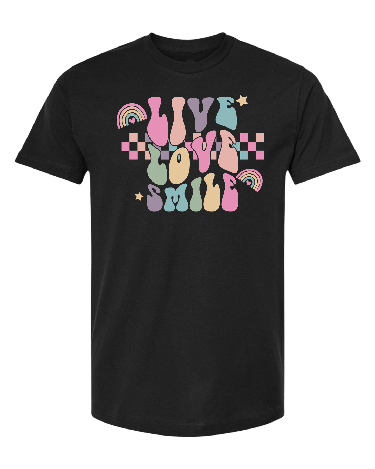 "Live, Love, Smile" multicolored groovy font design Classic unisex crewneck tee Short sleeve crew neck