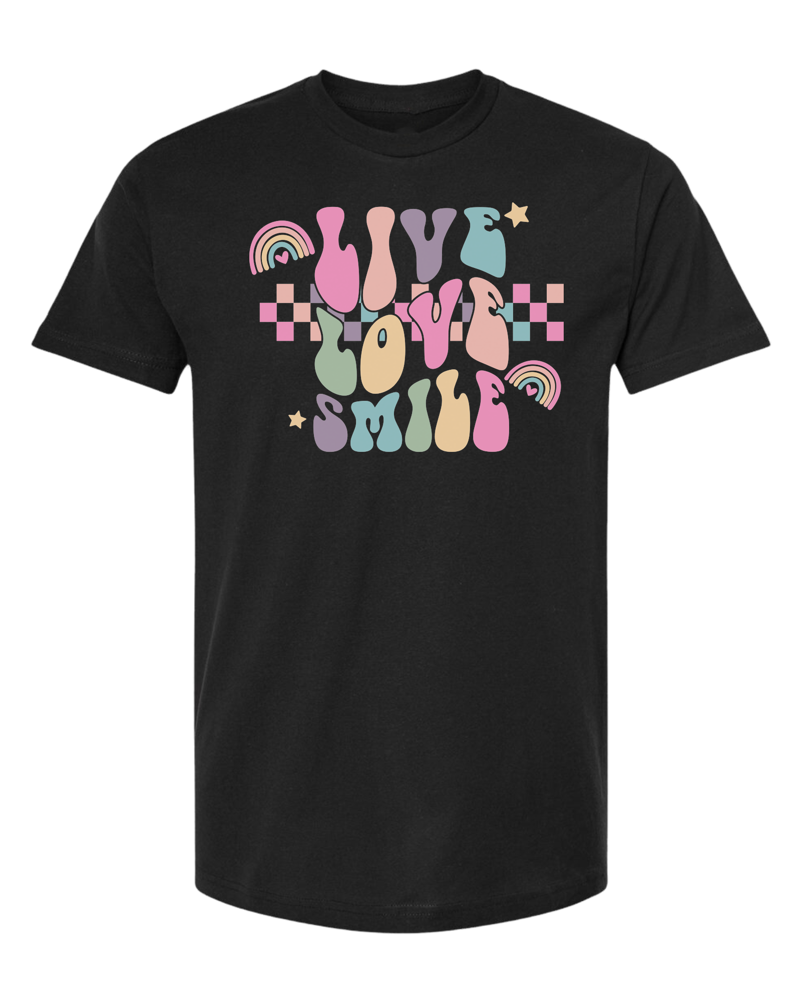 "Live, Love, Smile" multicolored groovy font design Classic unisex crewneck tee Short sleeve crew neck
