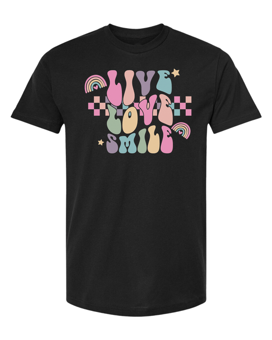 "Live, Love, Smile" multicolored groovy font design Classic unisex crewneck tee Short sleeve crew neck