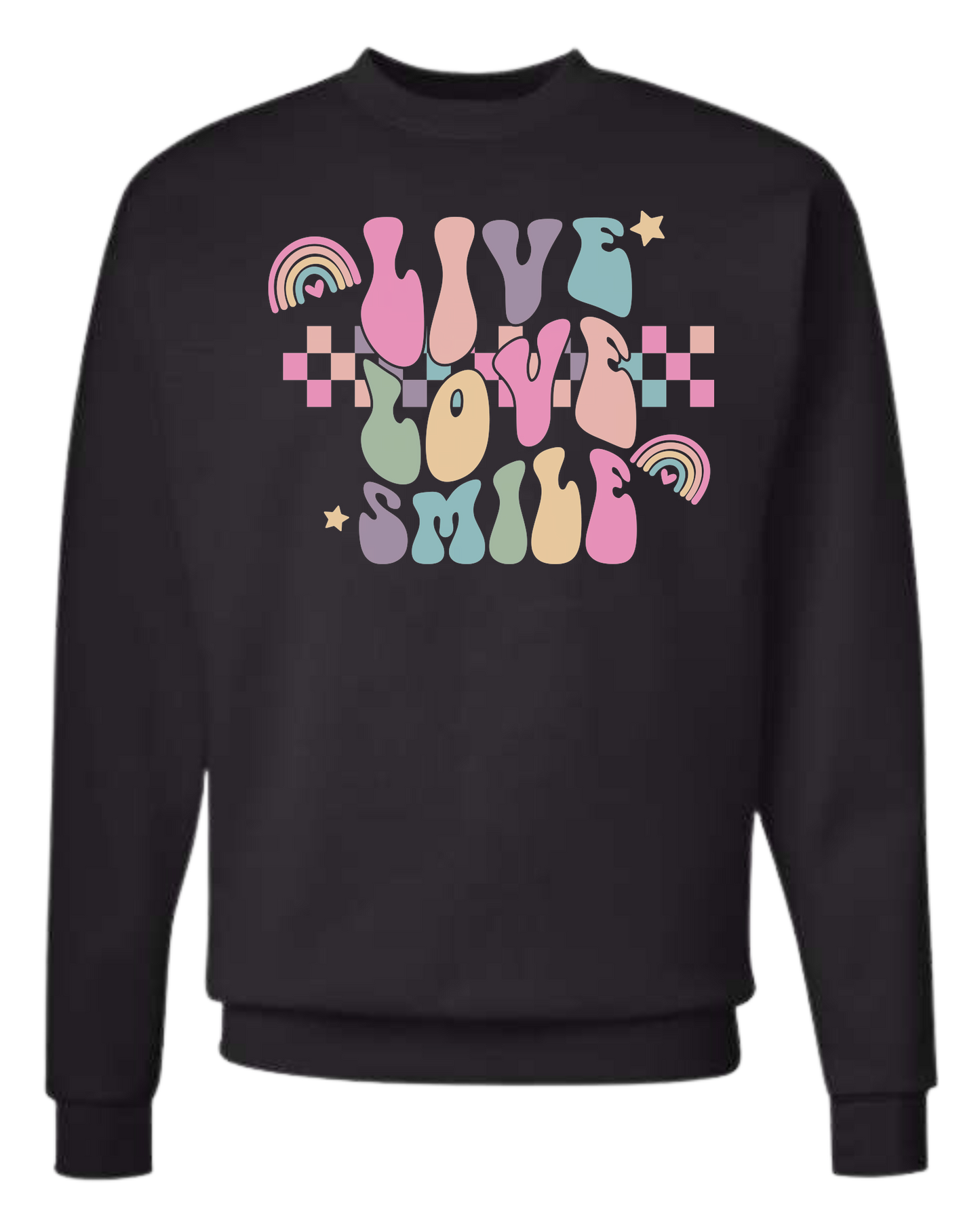 "Live, Love, Smile" multicolored groovy font design Classic unisex crewneck tee Sweatshirt