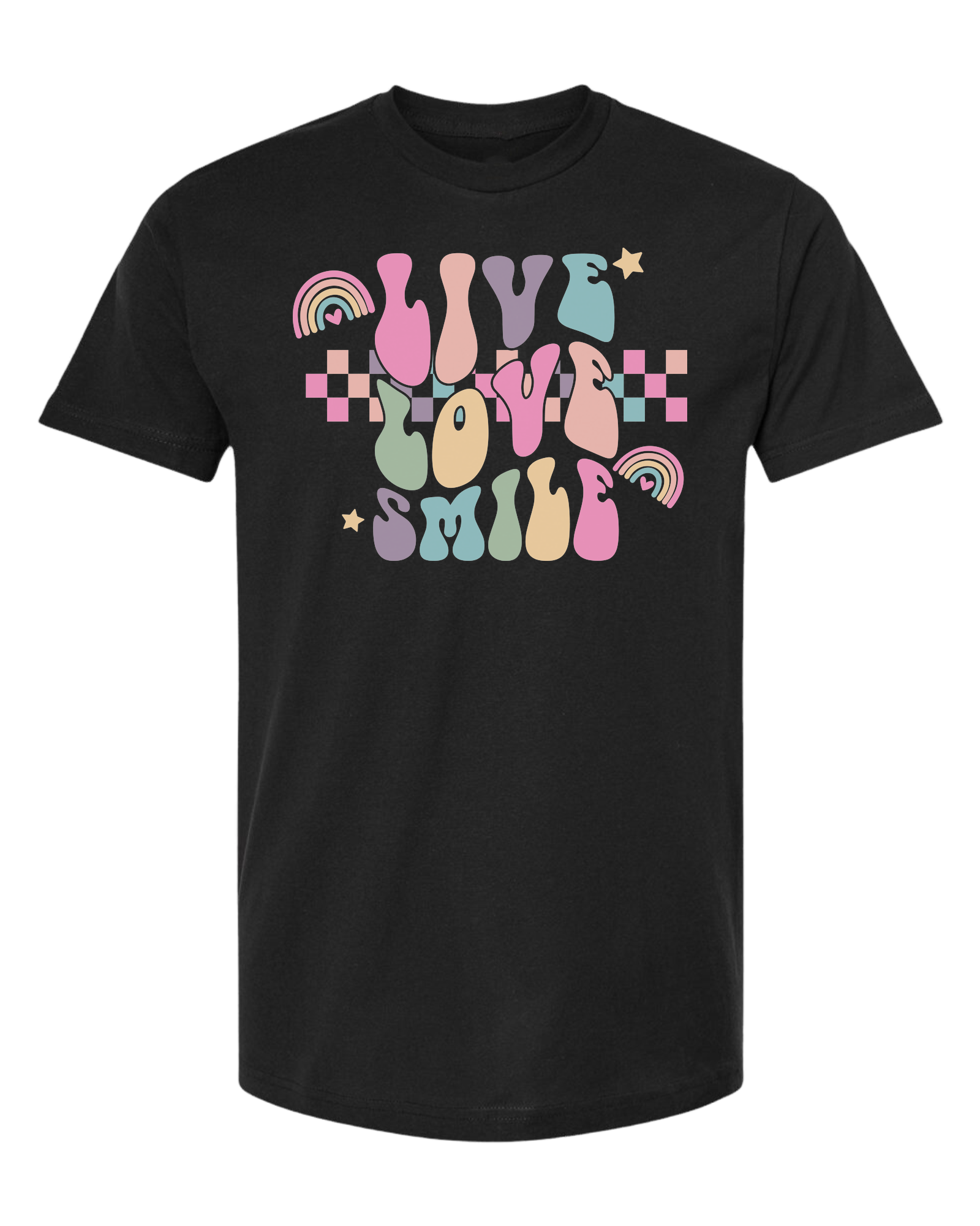"Live, Love, Smile" multicolored groovy font design Unisex crew-neck  graphic tee Black