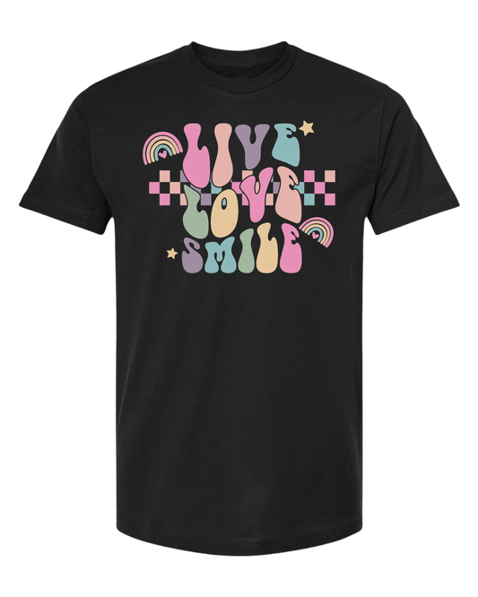 "Live, Love, Smile" multicolored groovy font design Unisex crew-neck  graphic tee Black
