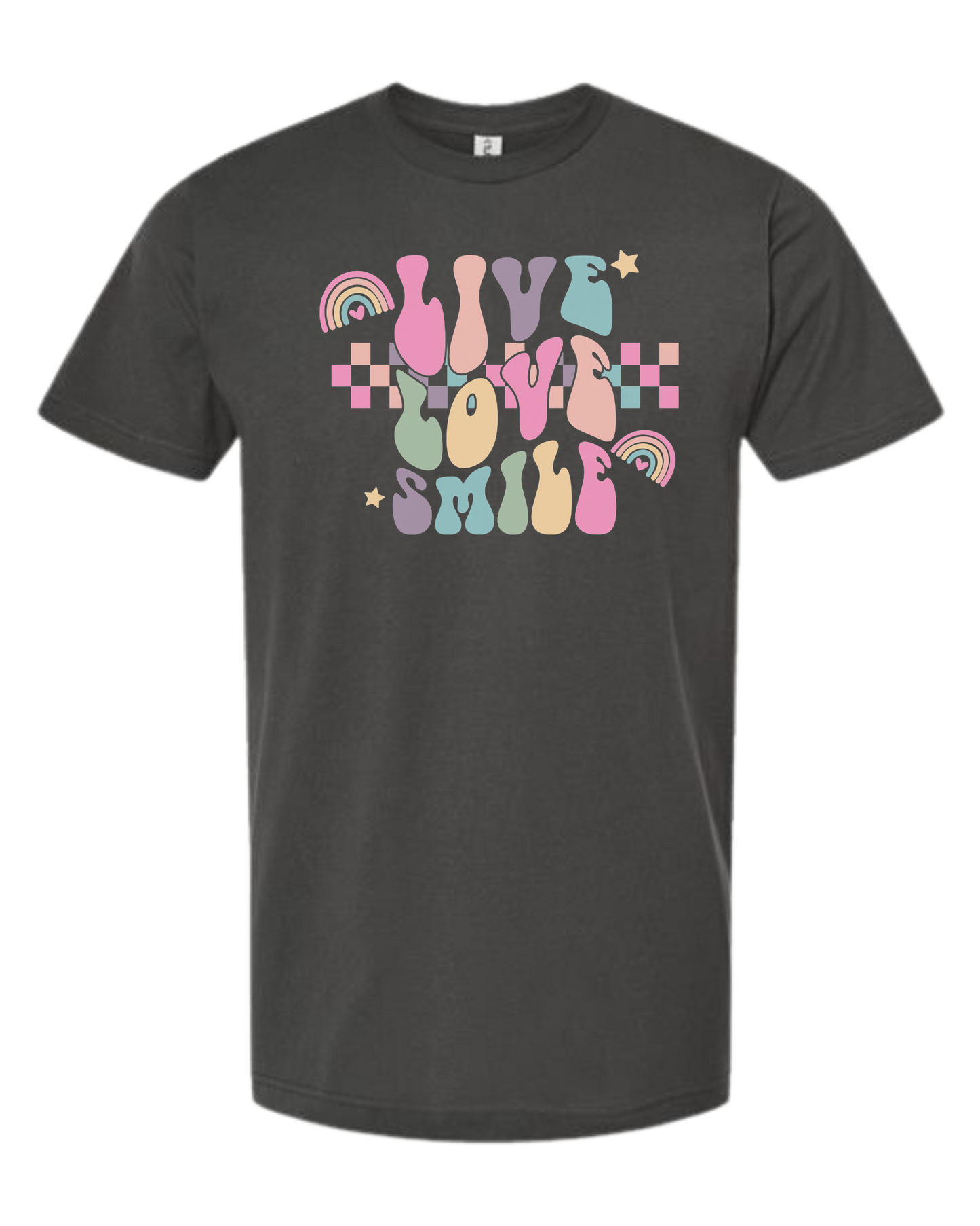 "Live, Love, Smile" multicolored groovy font design Unisex crew-neck  graphic tee Charcoal Grey