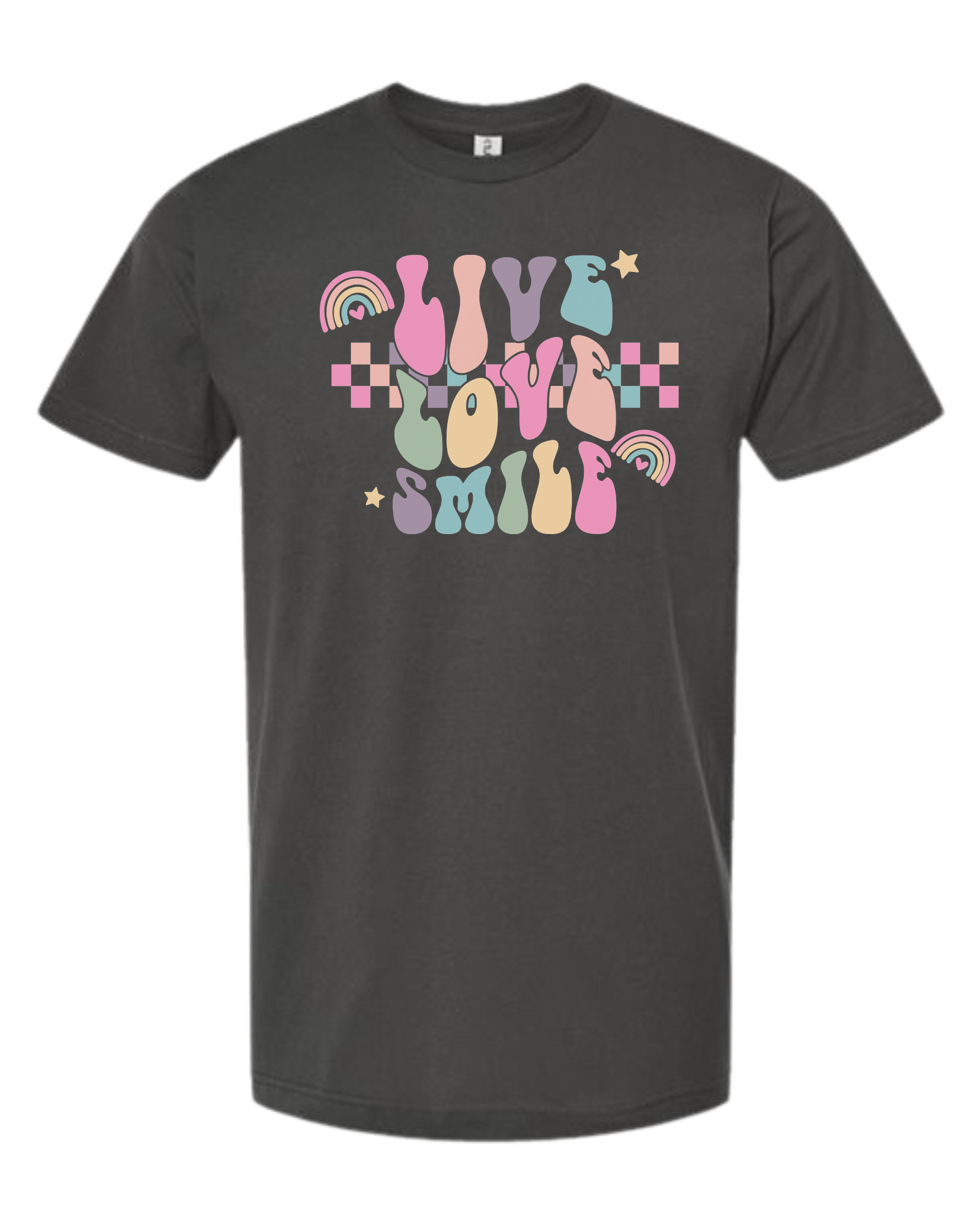 "Live, Love, Smile" multicolored groovy font design Unisex crew-neck  graphic tee Charcoal Grey