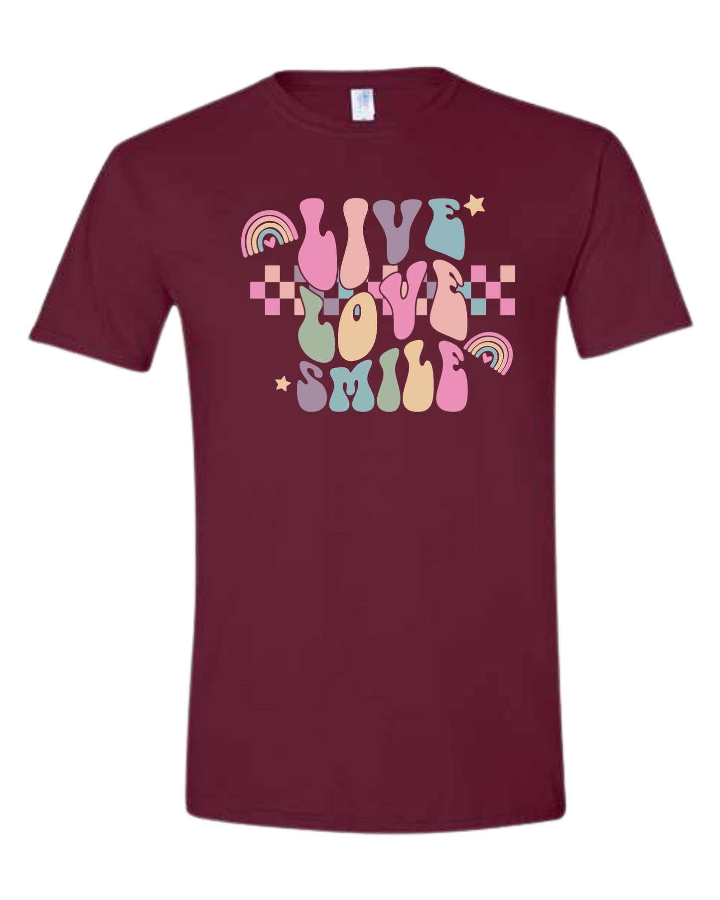 "Live, Love, Smile" multicolored groovy font design Unisex crew-neck  graphic tee Maroon