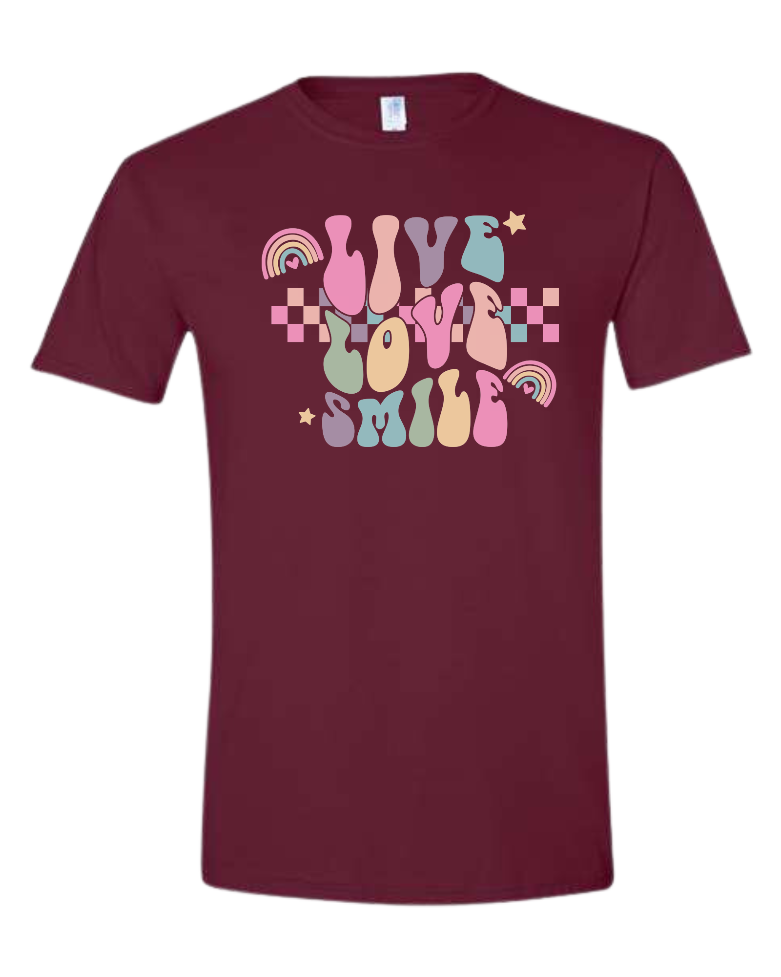 "Live, Love, Smile" multicolored groovy font design Unisex crew-neck  graphic tee Maroon