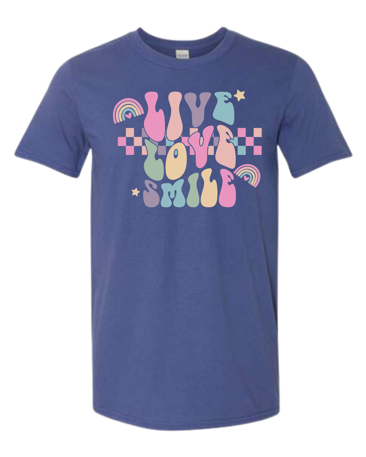 "Live, Love, Smile" multicolored groovy font design Unisex crew-neck  graphic tee Metro Blue