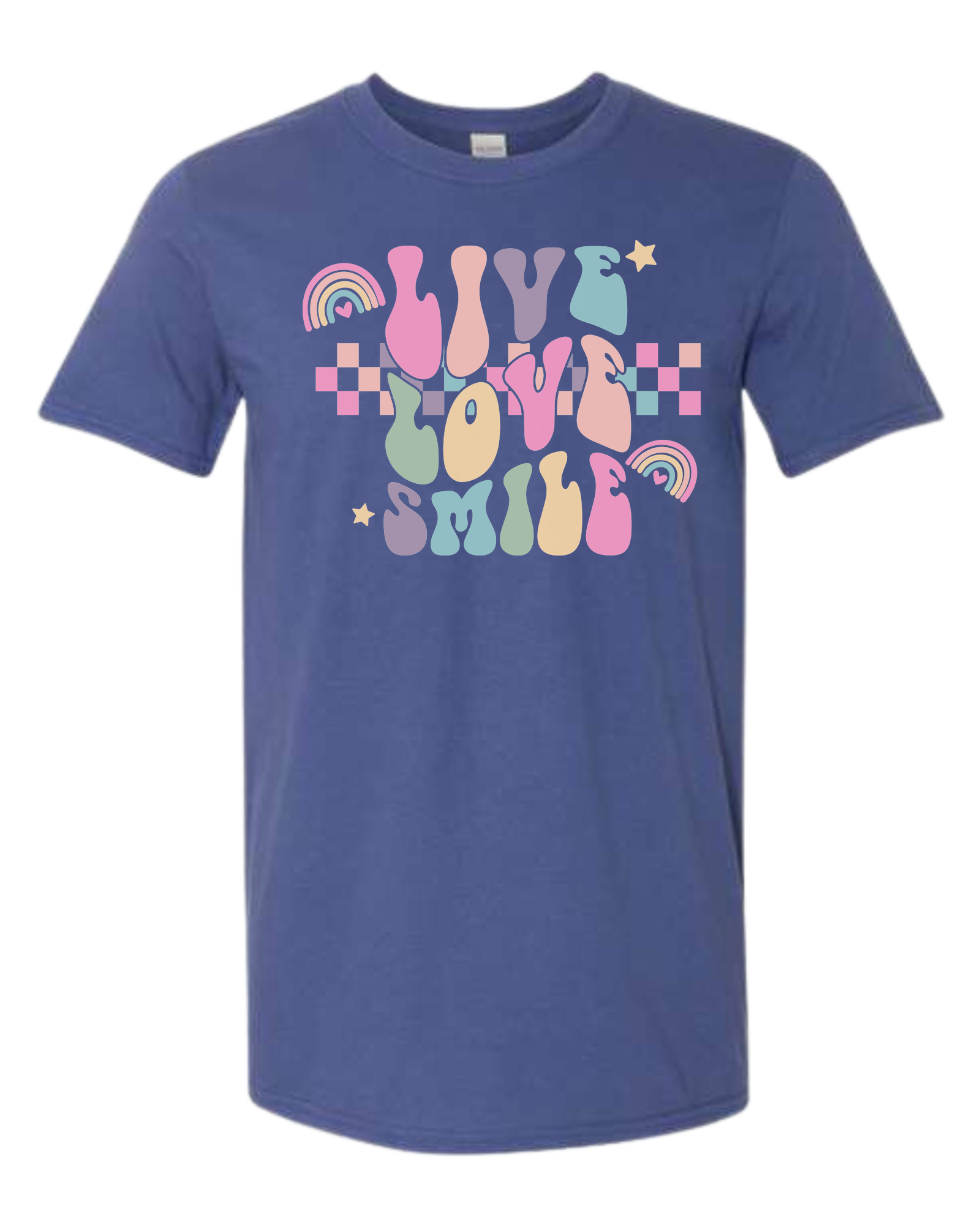 "Live, Love, Smile" multicolored groovy font design Unisex crew-neck  graphic tee Metro Blue