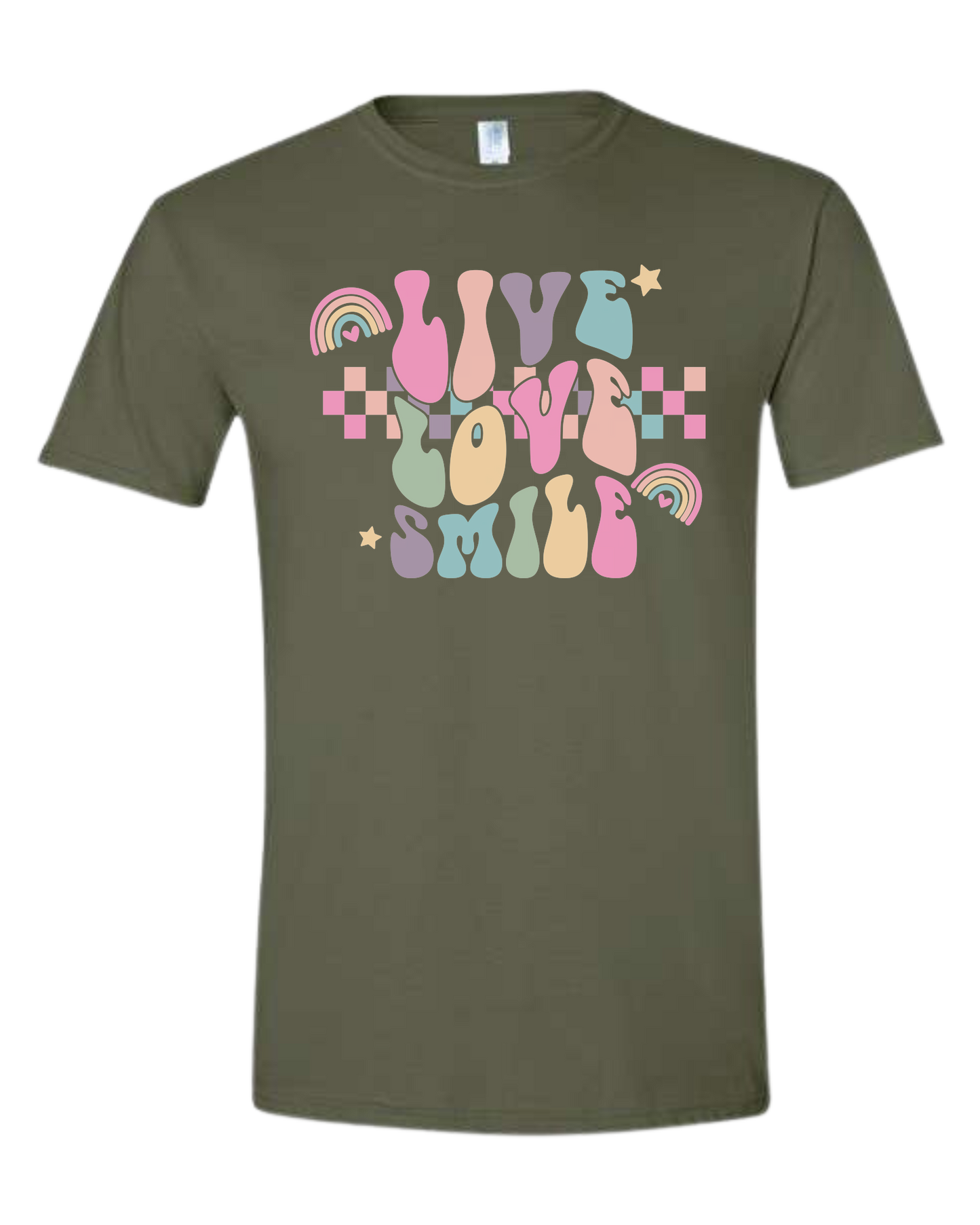"Live, Love, Smile" multicolored groovy font design Unisex crew-neck  graphic tee Military Green