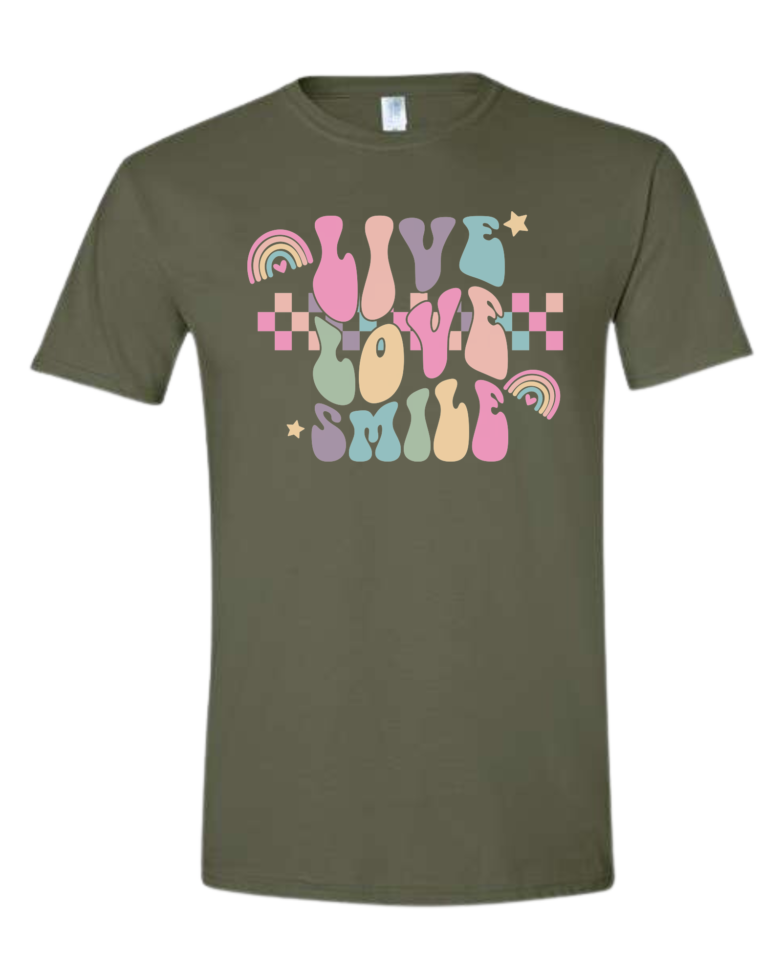 "Live, Love, Smile" multicolored groovy font design Unisex crew-neck  graphic tee Military Green