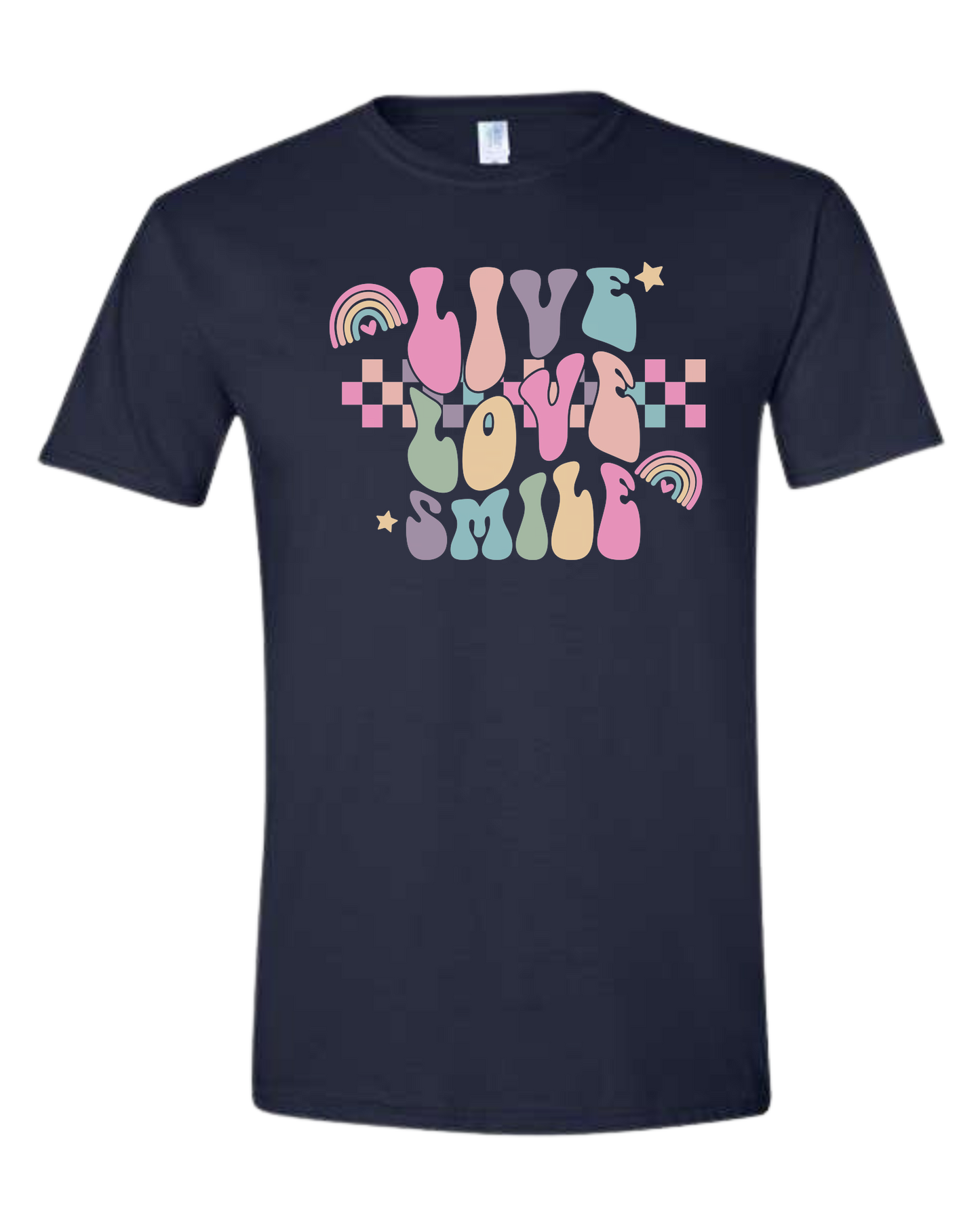 "Live, Love, Smile" multicolored groovy font design Unisex crew-neck  graphic tee Navy Blue