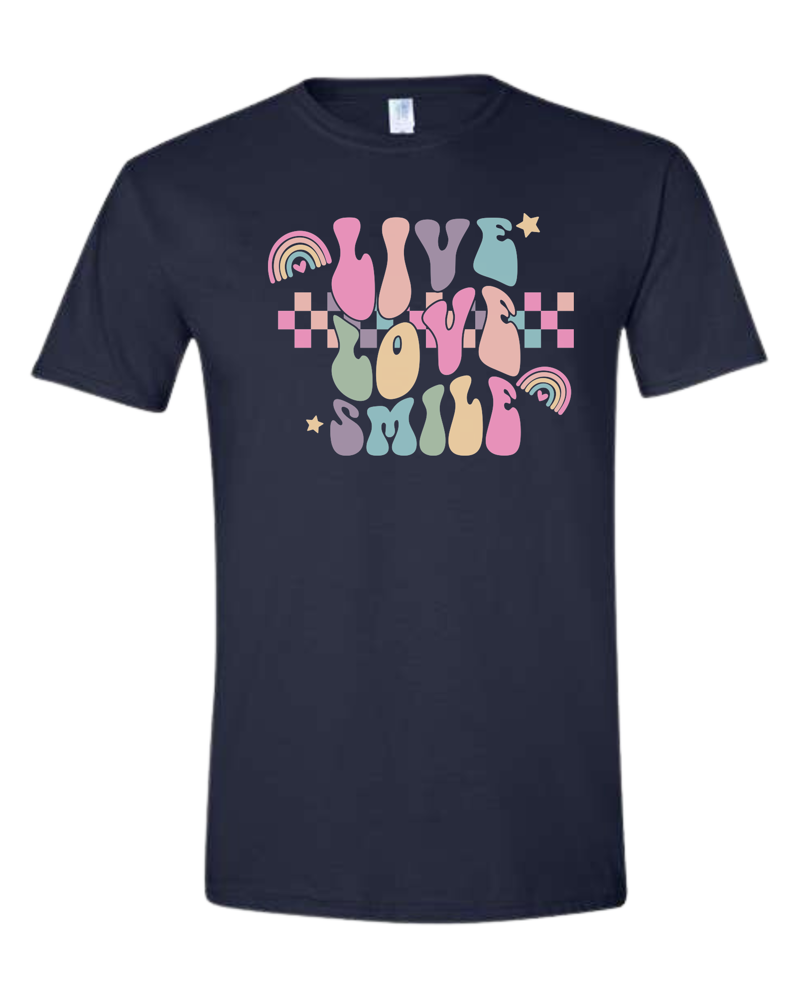 "Live, Love, Smile" multicolored groovy font design Unisex crew-neck  graphic tee Navy Blue
