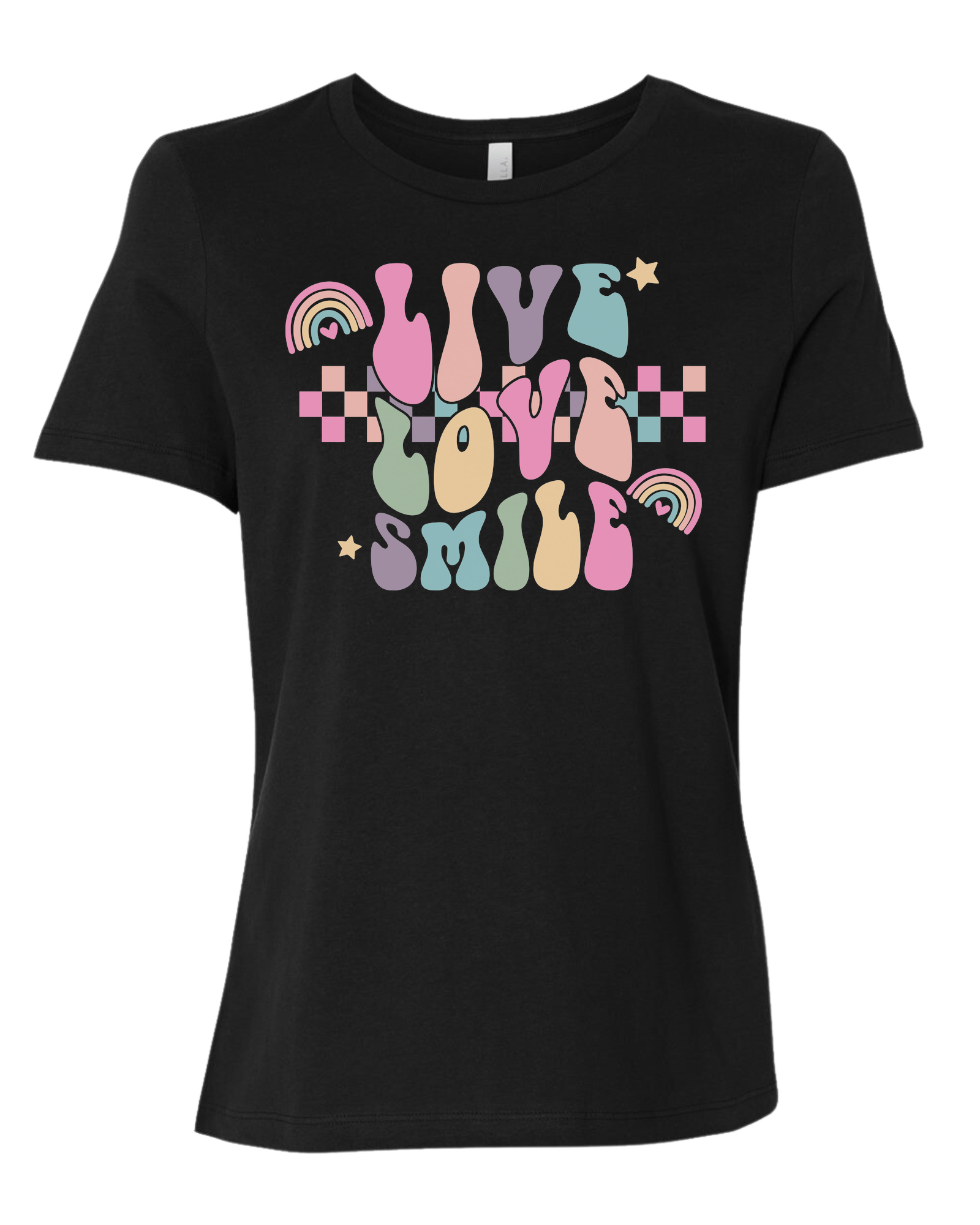 "Live, Love, Smile" multicolored groovy font design Women's fit premium crewneck tee Black