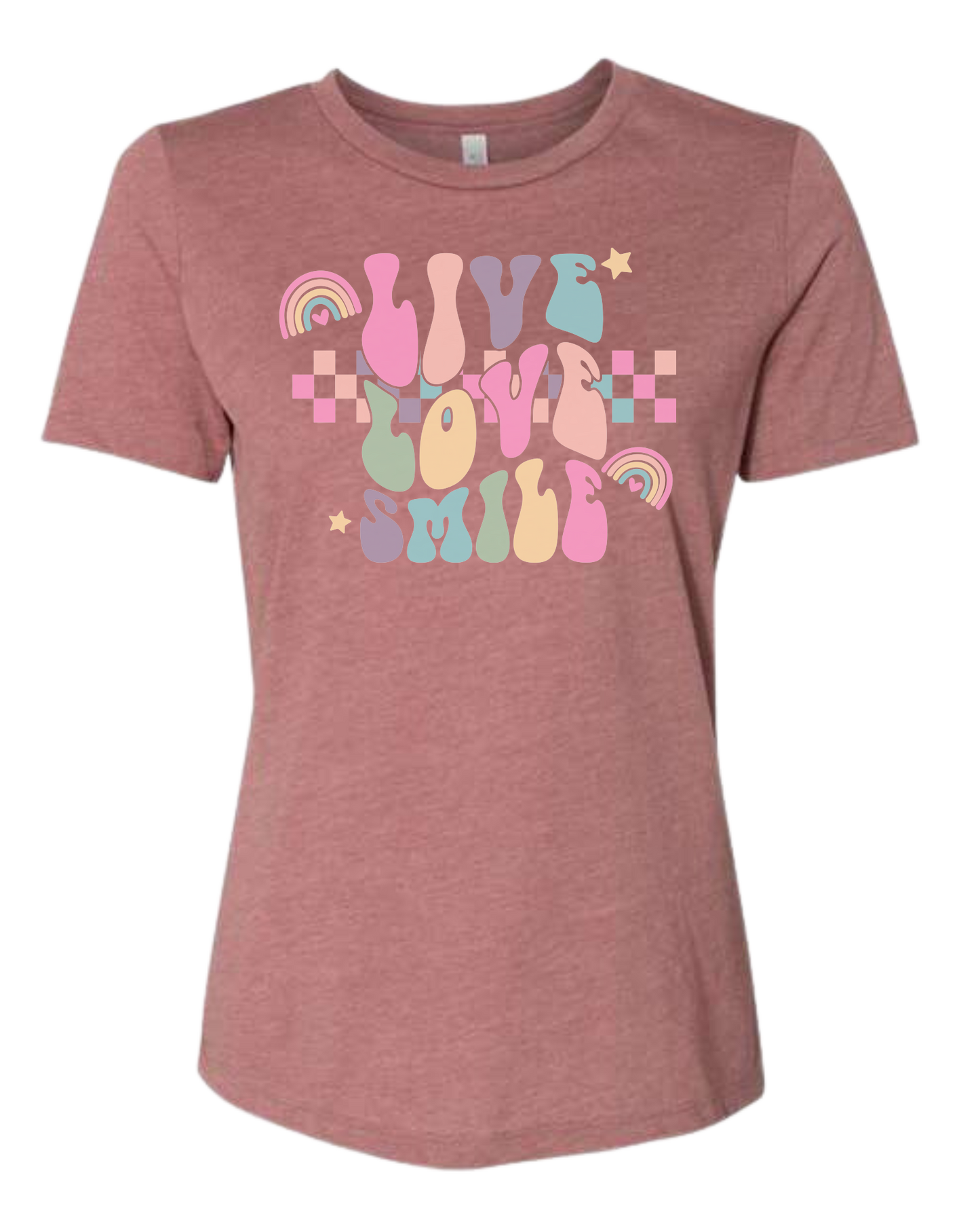 "Live, Love, Smile" multicolored groovy font design Women's fit premium crewneck tee Mauve Pink