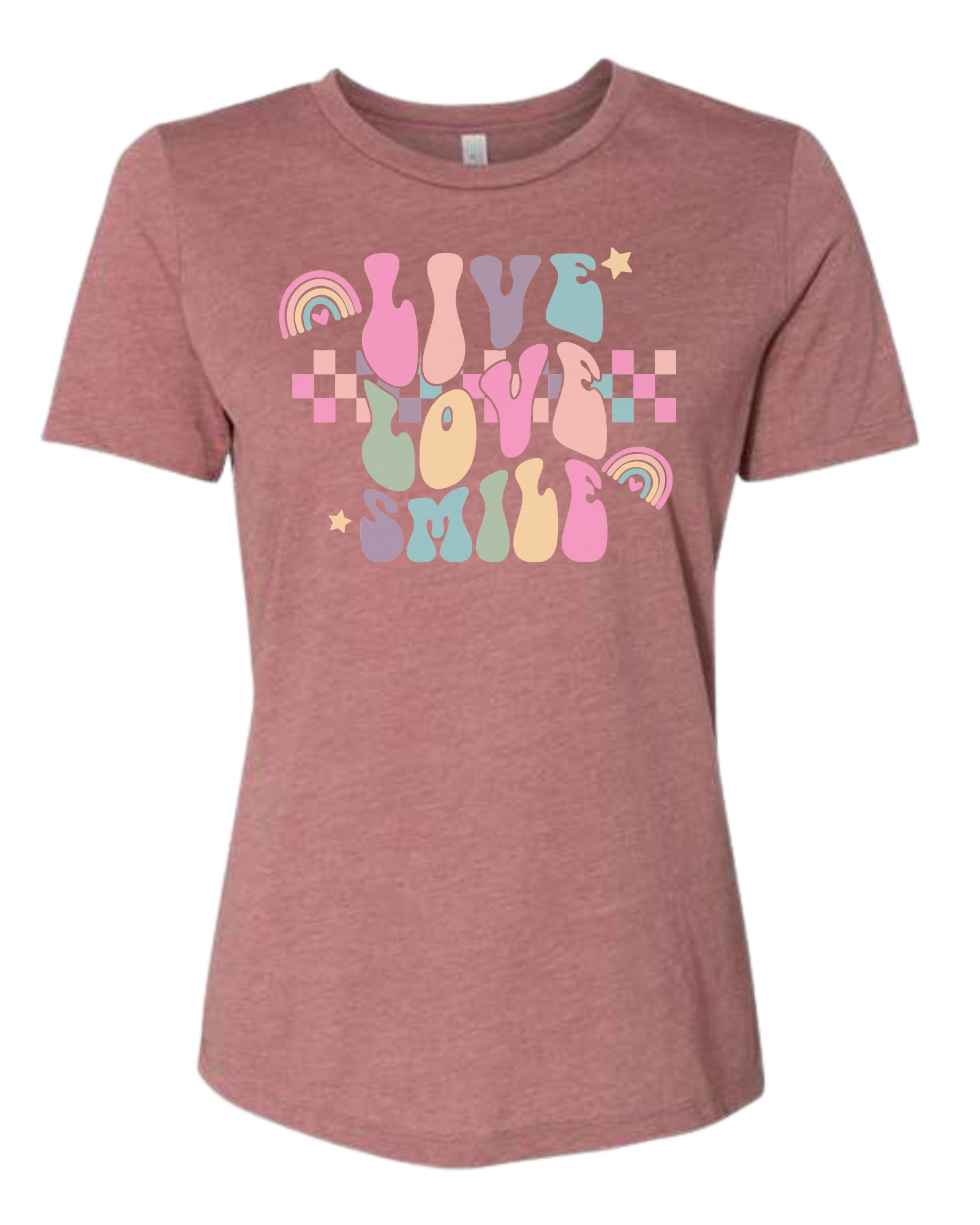 "Live, Love, Smile" multicolored groovy font design Women's fit premium crewneck tee Mauve Pink