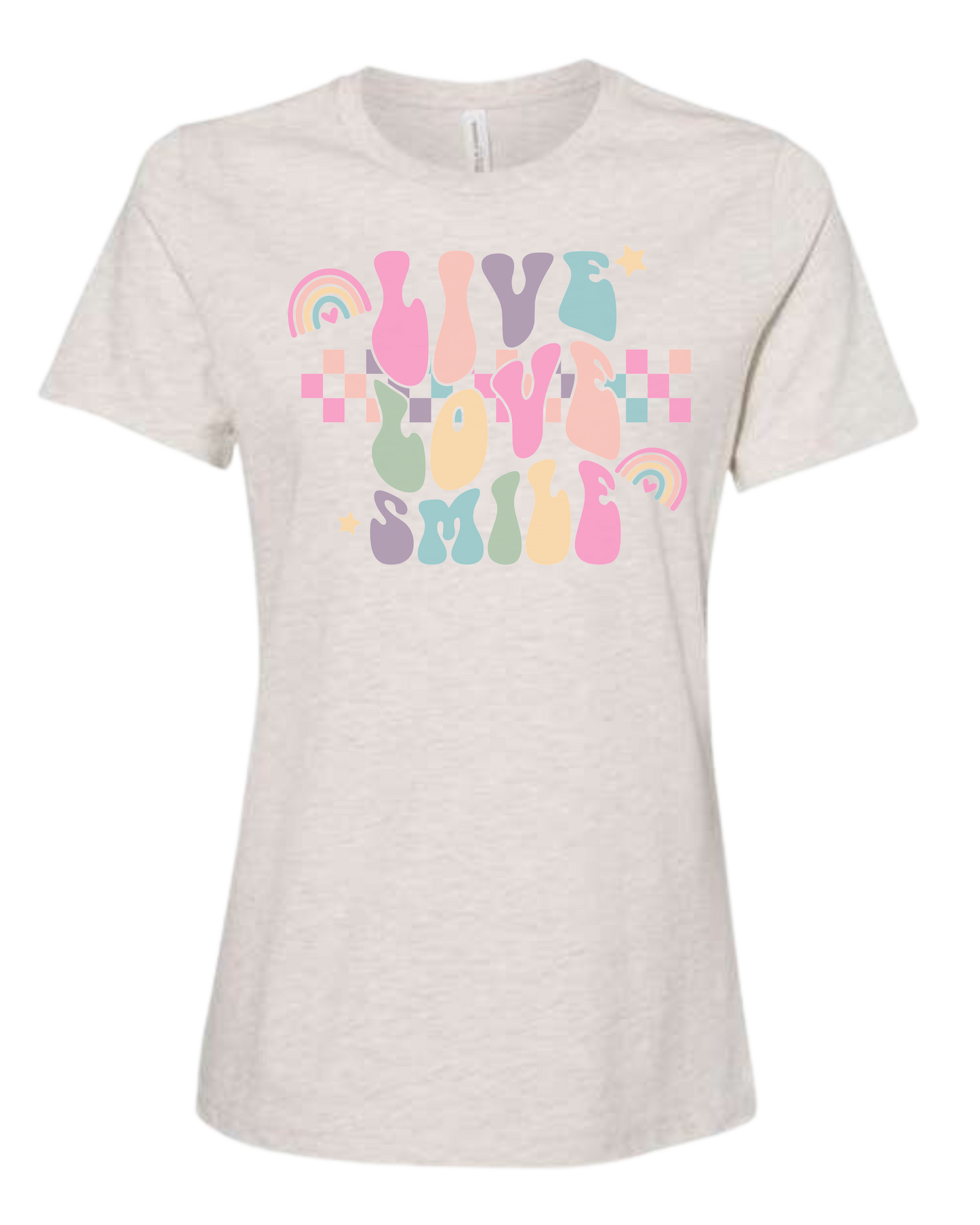 "Live, Love, Smile" multicolored groovy font design Women's fit premium crewneck tee Natural