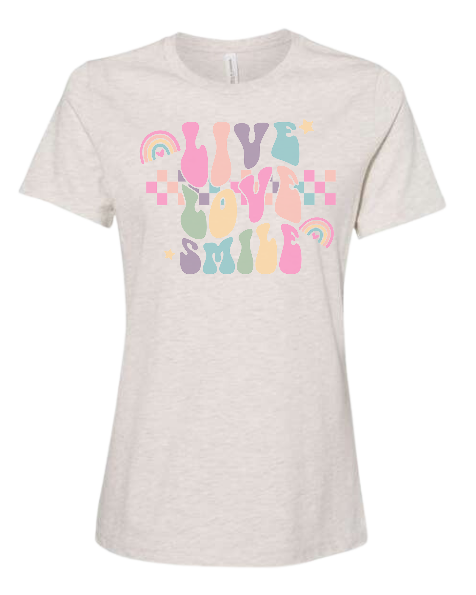 "Live, Love, Smile" multicolored groovy font design Women's fit premium crewneck tee Natural