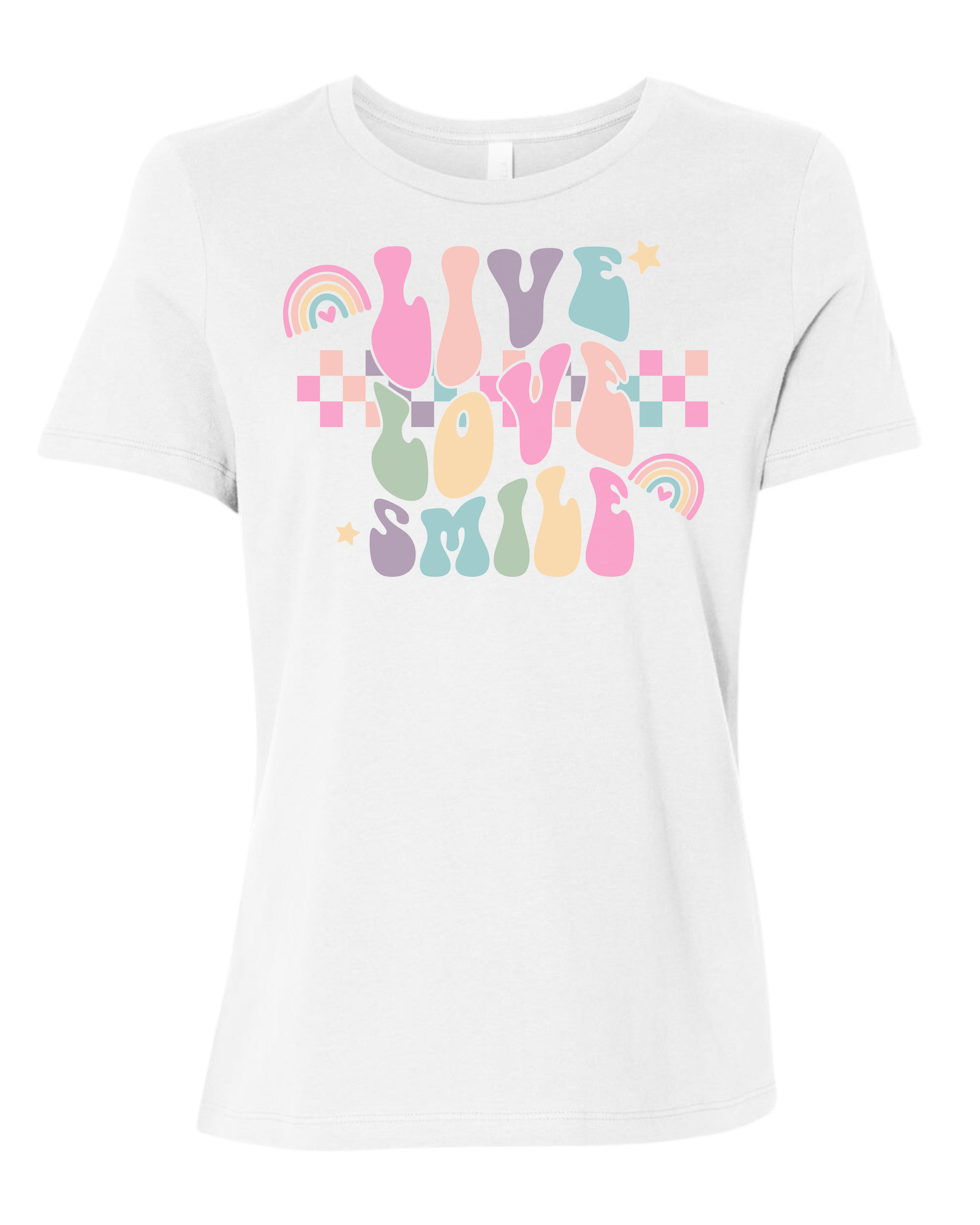 "Live, Love, Smile" multicolored groovy font design Women's fit premium crewneck tee White
