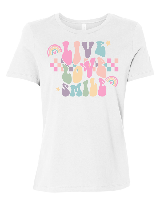 "Live, Love, Smile" multicolored groovy font design Women's fit premium crewneck tee White