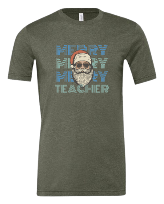 "MERRY, MERRY, MERRY, TEACHER" cool Santa design Premium unisex crewneck tee Military Green