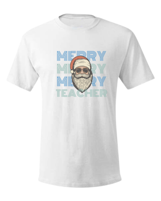 "MERRY, MERRY, MERRY, TEACHER" cool Santa design Unisex crewneck graphic tee (light colors) White