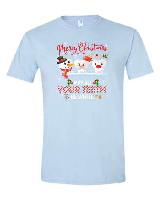"Merry Christmas, May all your teeth be White" dental graphic Unisex crewneck graphic tee (light colors) Ice blue