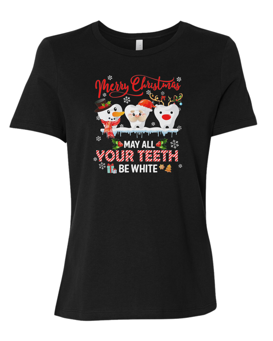 "Merry Christmas, May all your teeth be White" dental graphic Women's fit premium crewneck tee Black