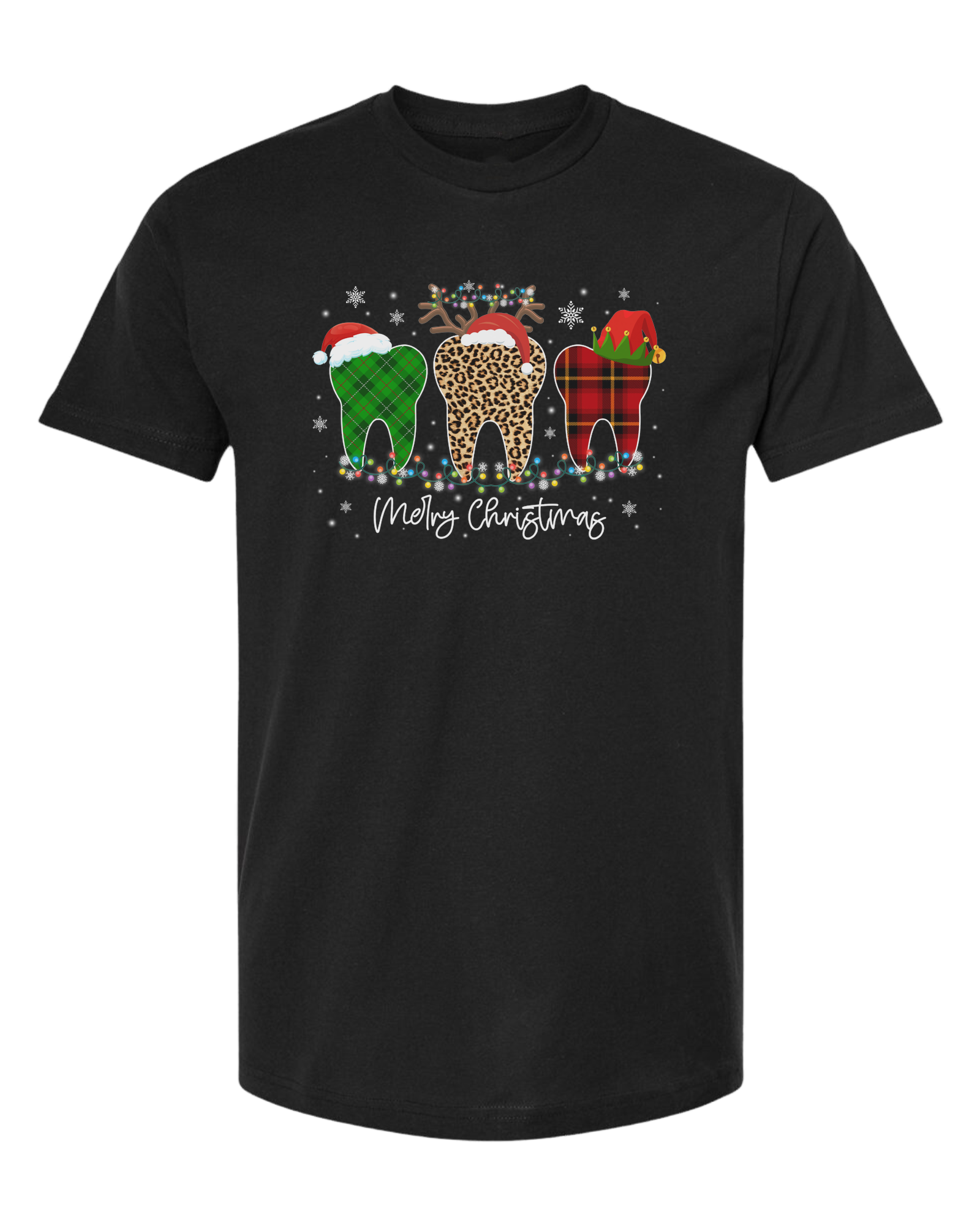"Merry Christmas" buffalo plaid and leopard print teeth graphic Unisex crew-neck  graphic tee Black
