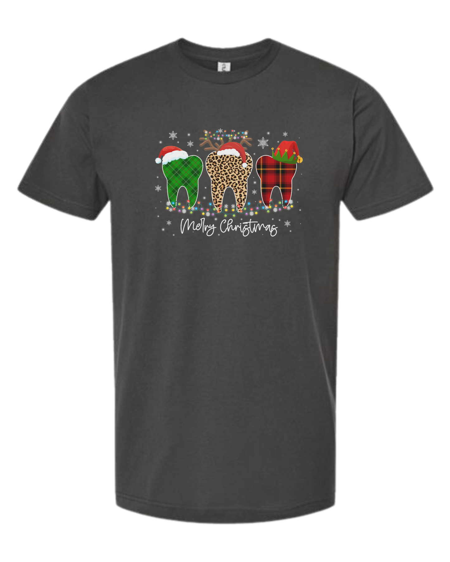 "Merry Christmas" buffalo plaid and leopard print teeth graphic Unisex crew-neck  graphic tee Charcoal Grey