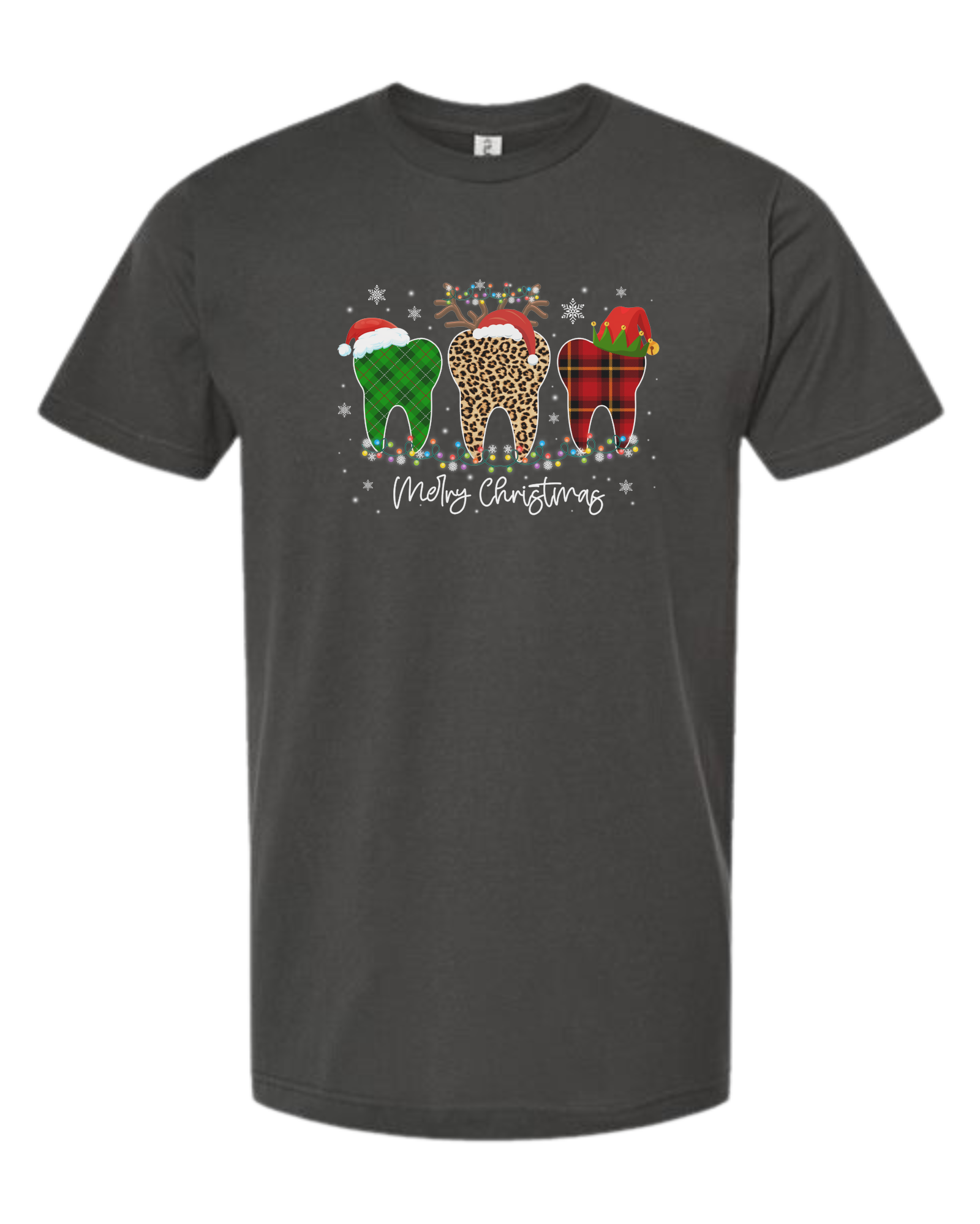 "Merry Christmas" buffalo plaid and leopard print teeth graphic Unisex crew-neck  graphic tee Charcoal Grey