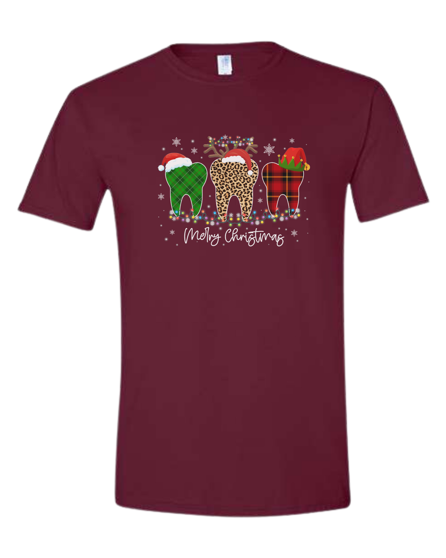 "Merry Christmas" buffalo plaid and leopard print teeth graphic Unisex crew-neck  graphic tee Maroon