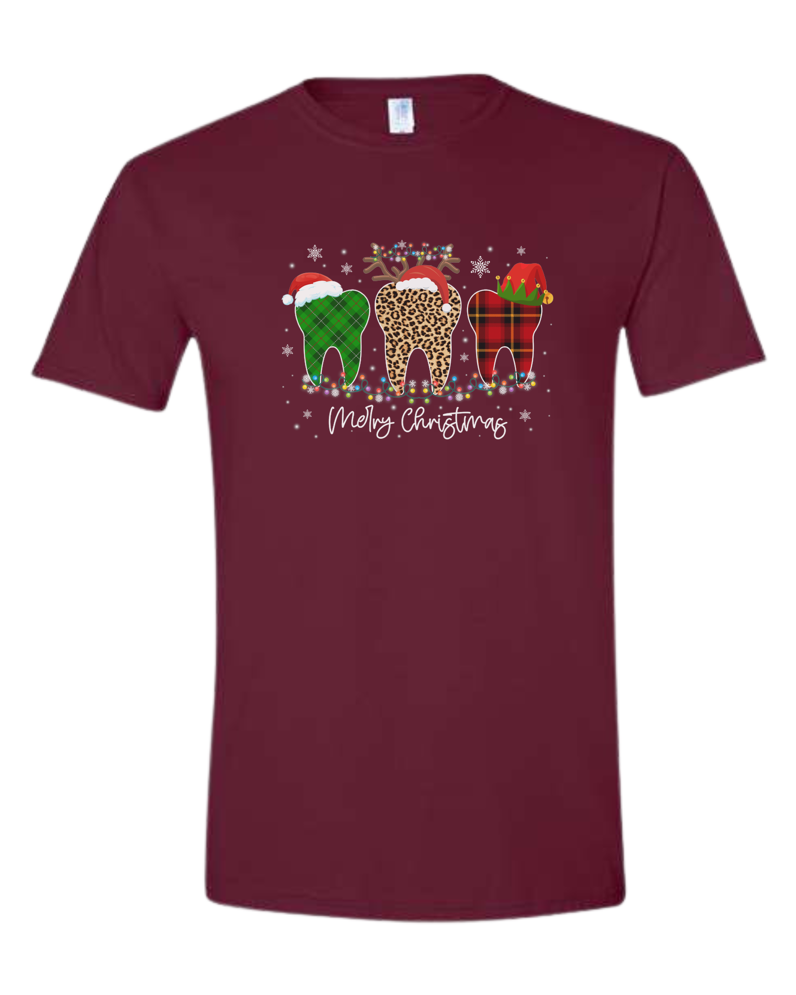 "Merry Christmas" buffalo plaid and leopard print teeth graphic Unisex crew-neck  graphic tee Maroon