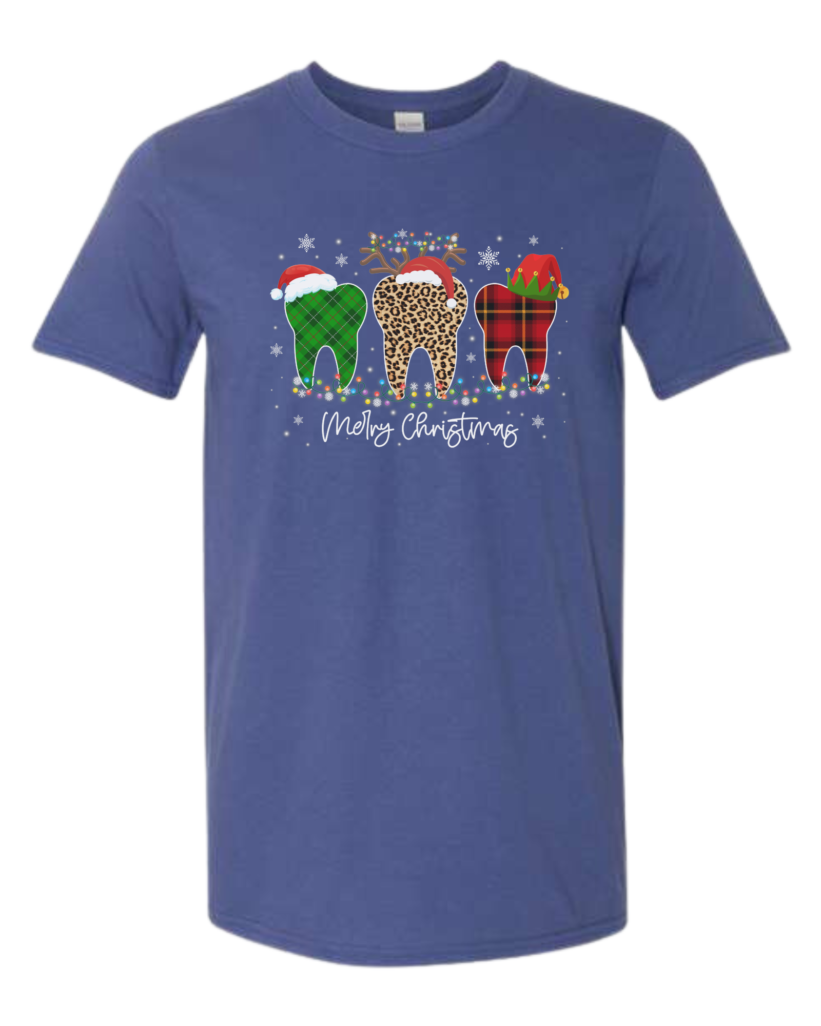 "Merry Christmas" buffalo plaid and leopard print teeth graphic Unisex crew-neck  graphic tee Metro Blue