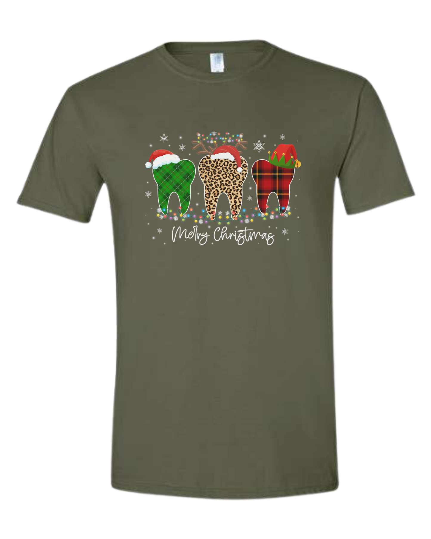 "Merry Christmas" buffalo plaid and leopard print teeth graphic Unisex crew-neck  graphic tee Military Green