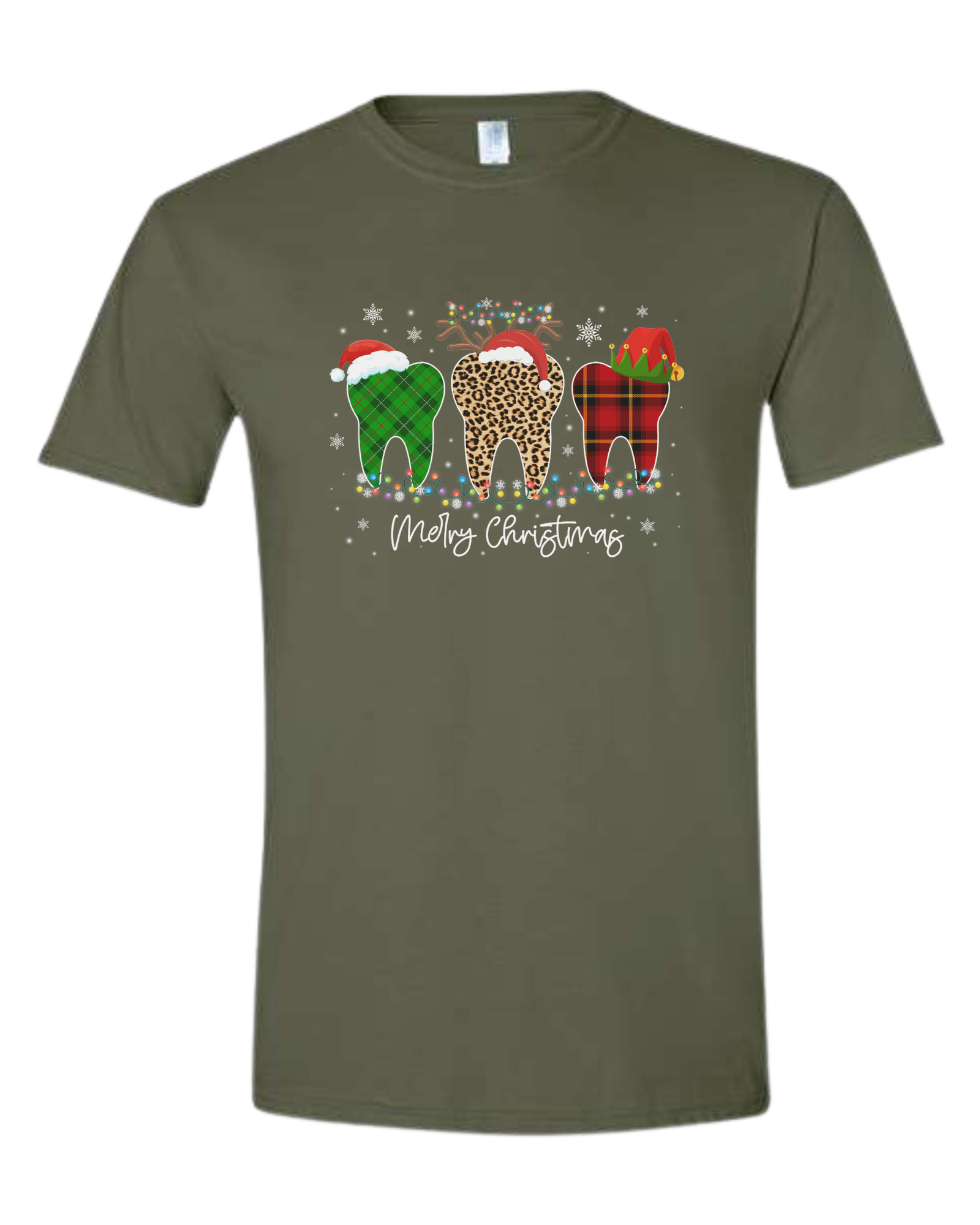 "Merry Christmas" buffalo plaid and leopard print teeth graphic Unisex crew-neck  graphic tee Military Green