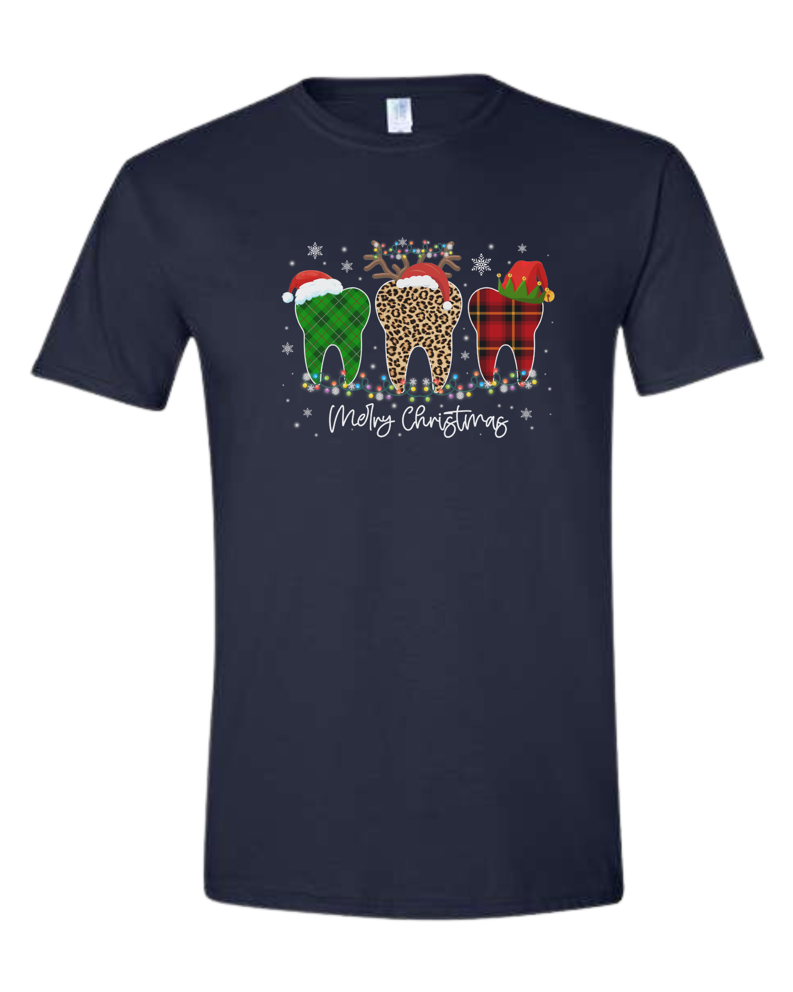 "Merry Christmas" buffalo plaid and leopard print teeth graphic Unisex crew-neck  graphic tee Navy Blue